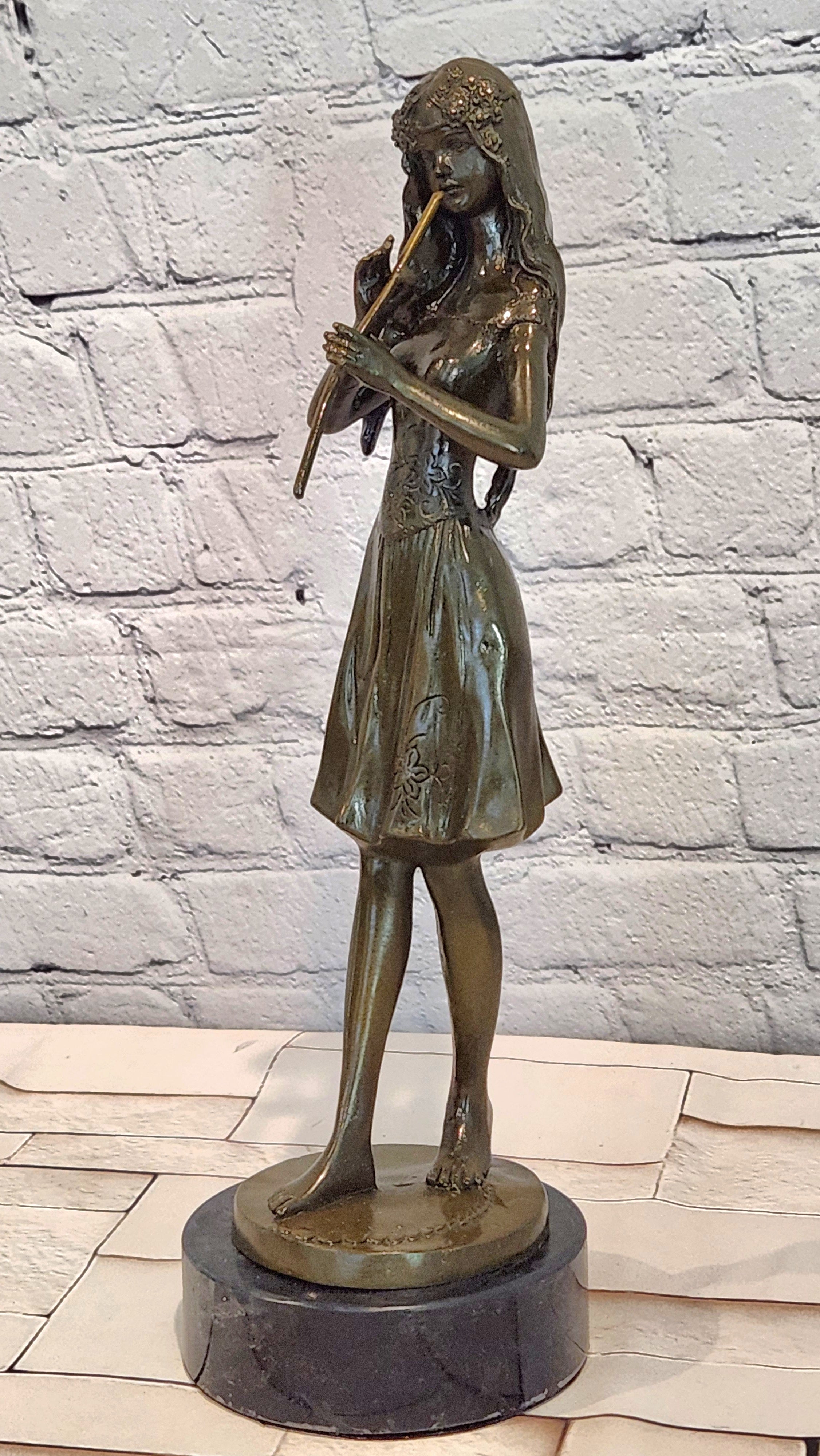 Bronze Girl Playing Flute Sculpture Signed J. Patoue Fine Artwork Collectible