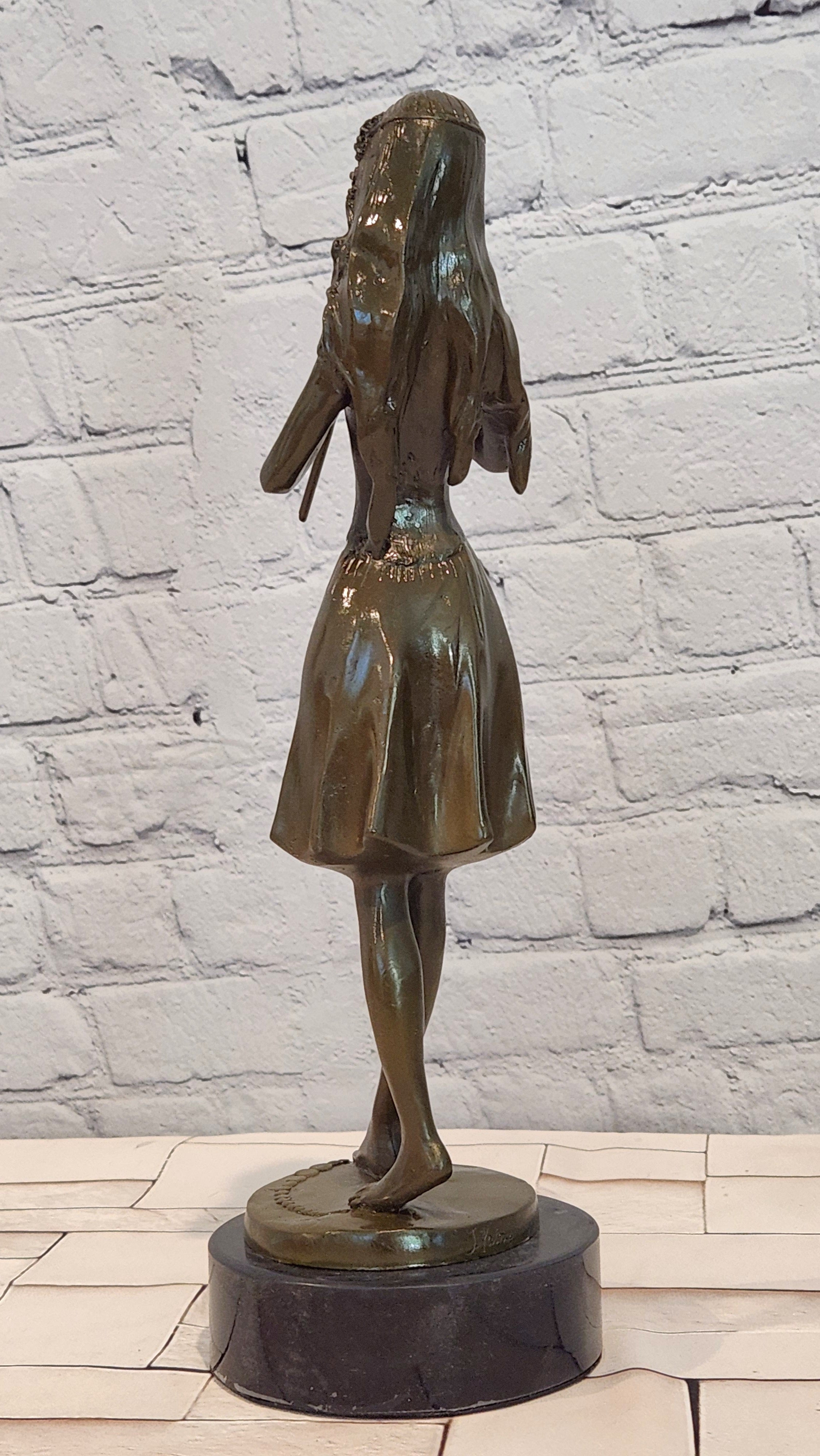 Bronze Girl Playing Flute Sculpture Signed J. Patoue Fine Artwork Collectible