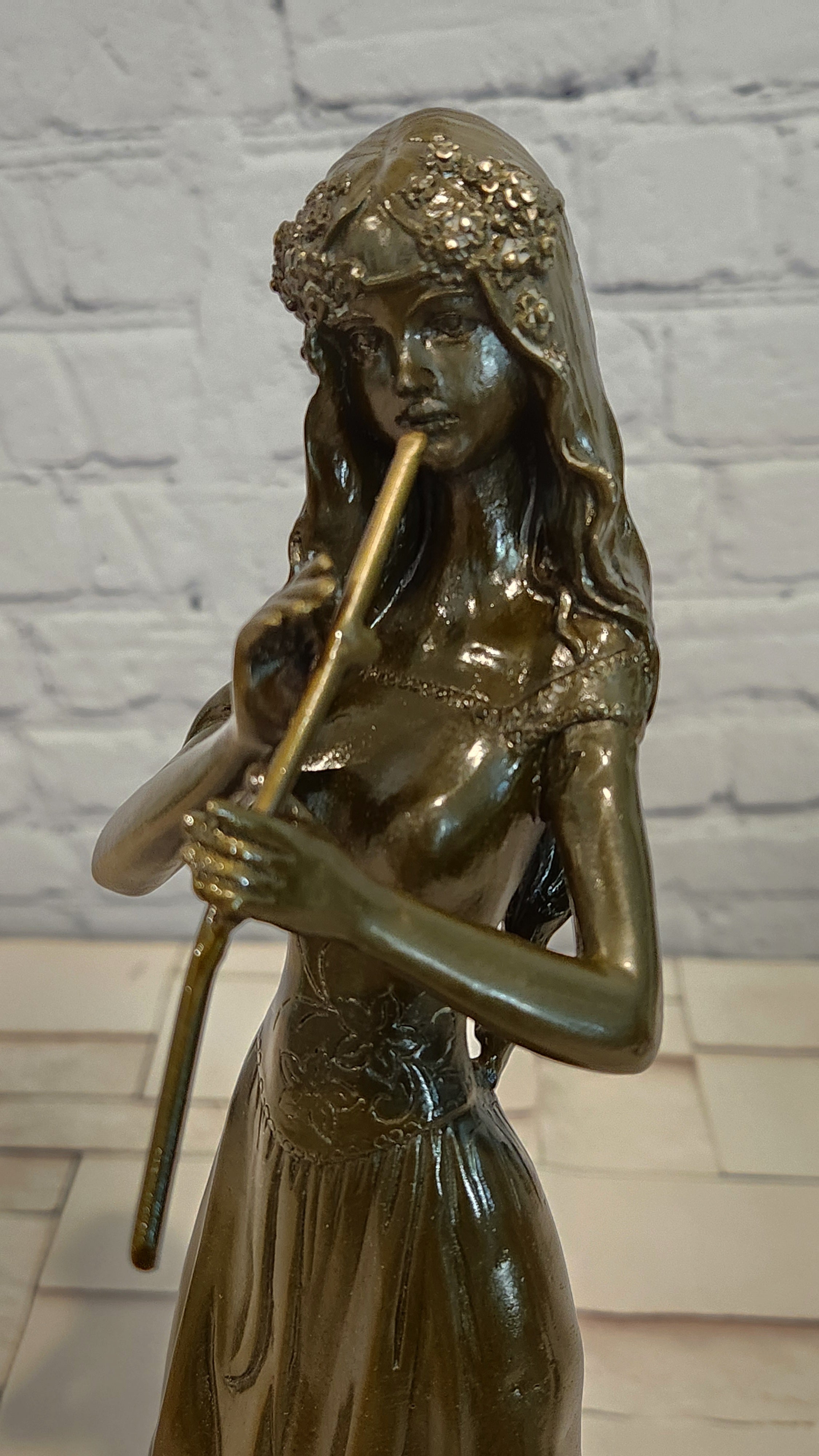 Bronze Girl Playing Flute Sculpture Signed J. Patoue Fine Artwork Collectible