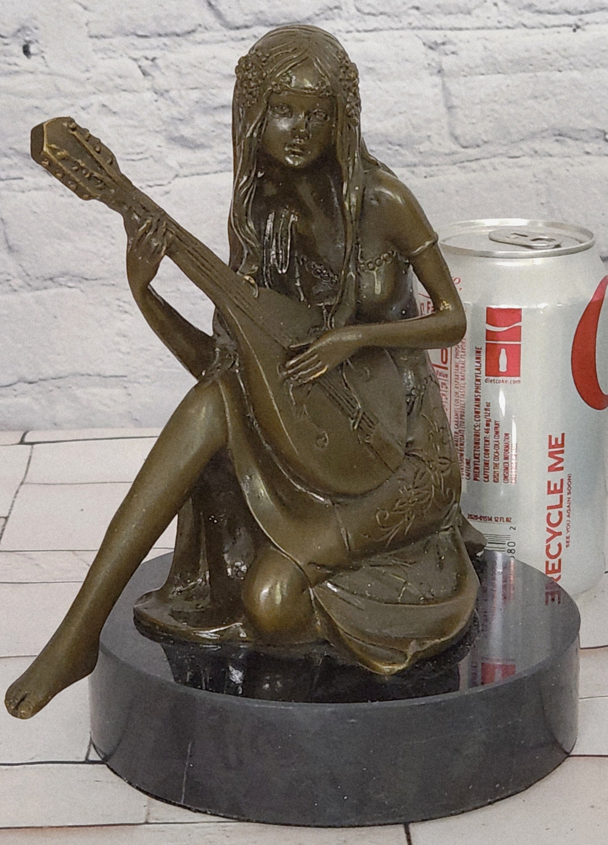 Art Nouveau Bronze Mandolin Player Girl Statue Signed Jean Patoue Sculpture