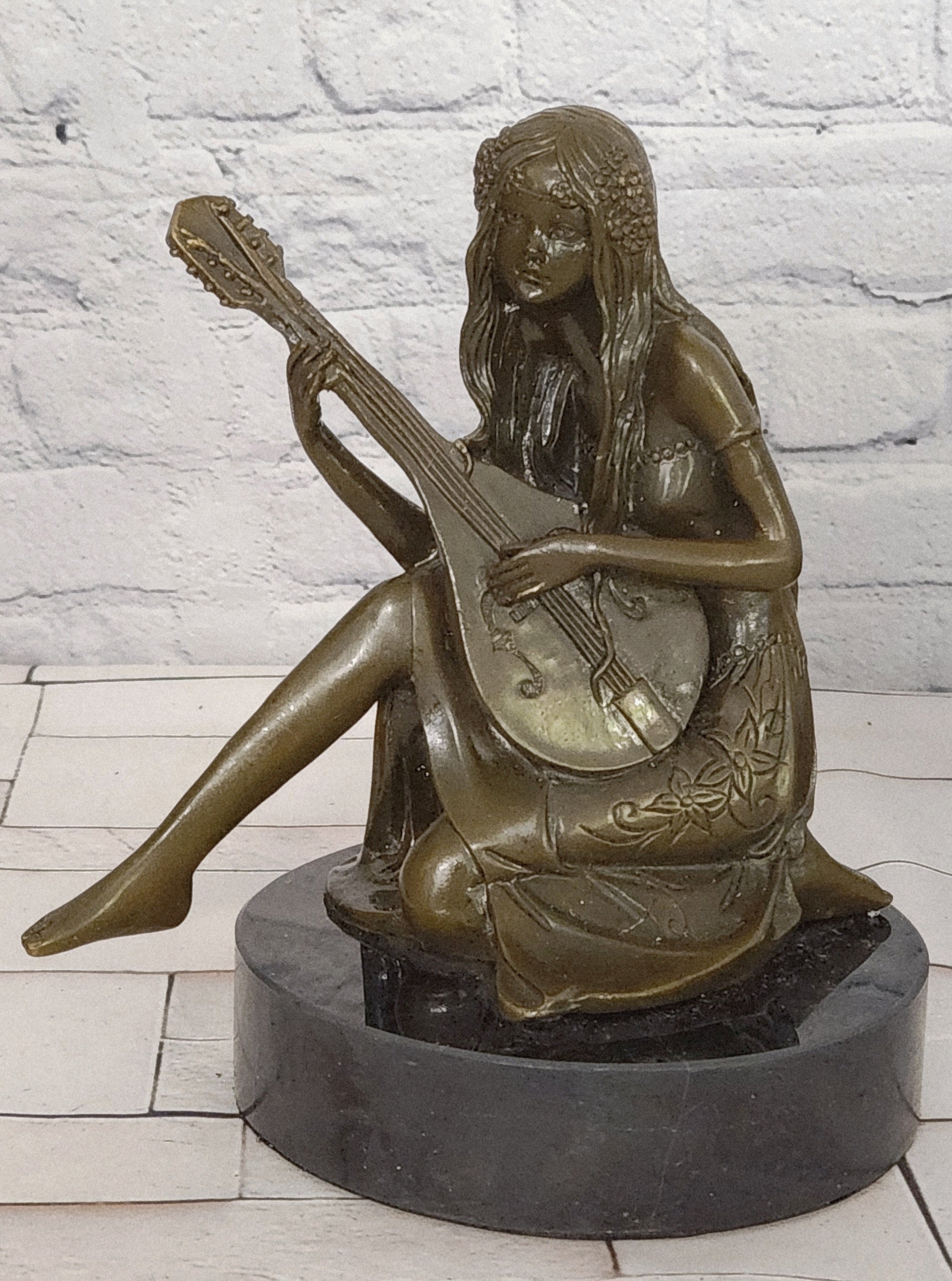Art Nouveau Bronze Mandolin Player Girl Statue Signed Jean Patoue Sculpture