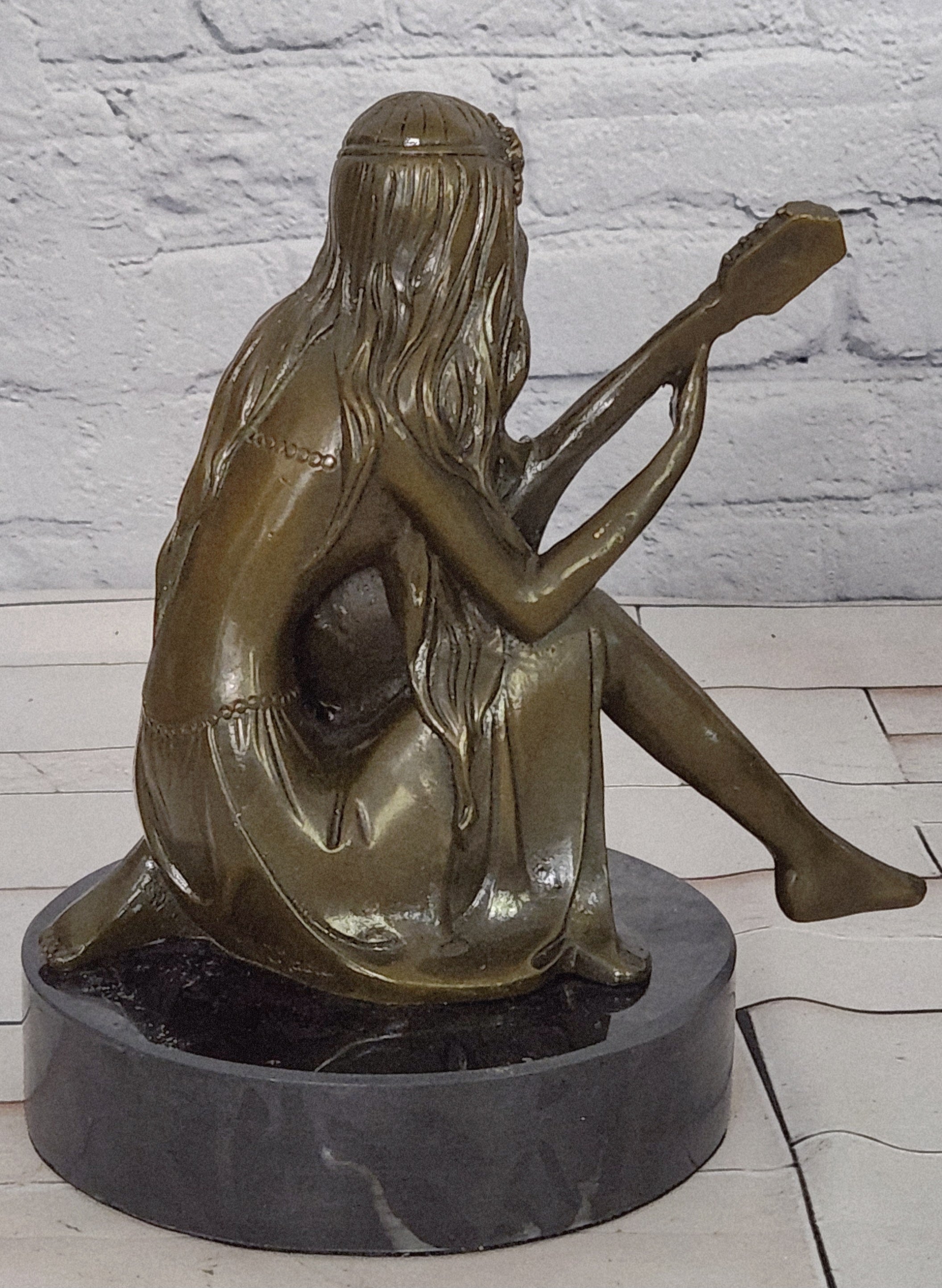 Art Nouveau Bronze Mandolin Player Girl Statue Signed Jean Patoue Sculpture
