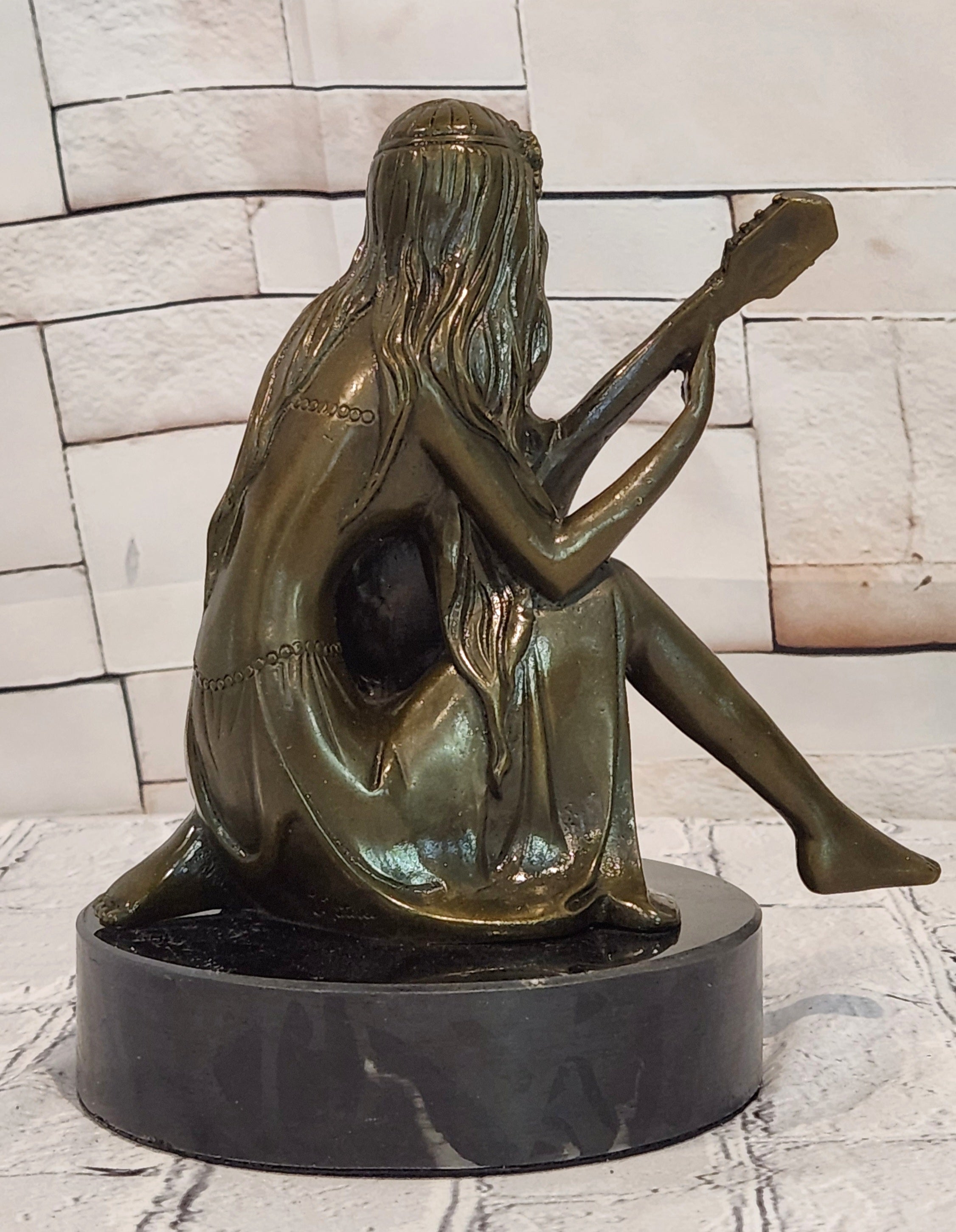 Art Nouveau Bronze Mandolin Player Girl Statue Signed Jean Patoue Sculpture