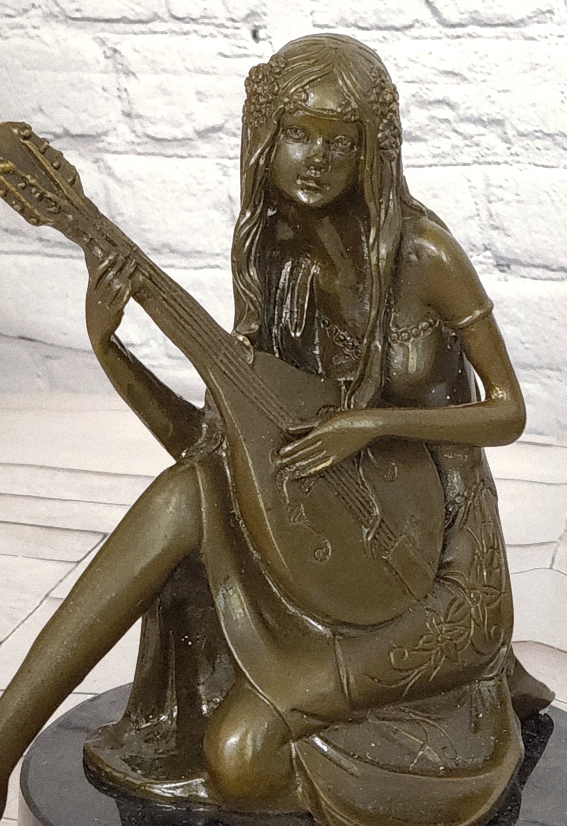 Art Nouveau Bronze Mandolin Player Girl Statue Signed Jean Patoue Sculpture
