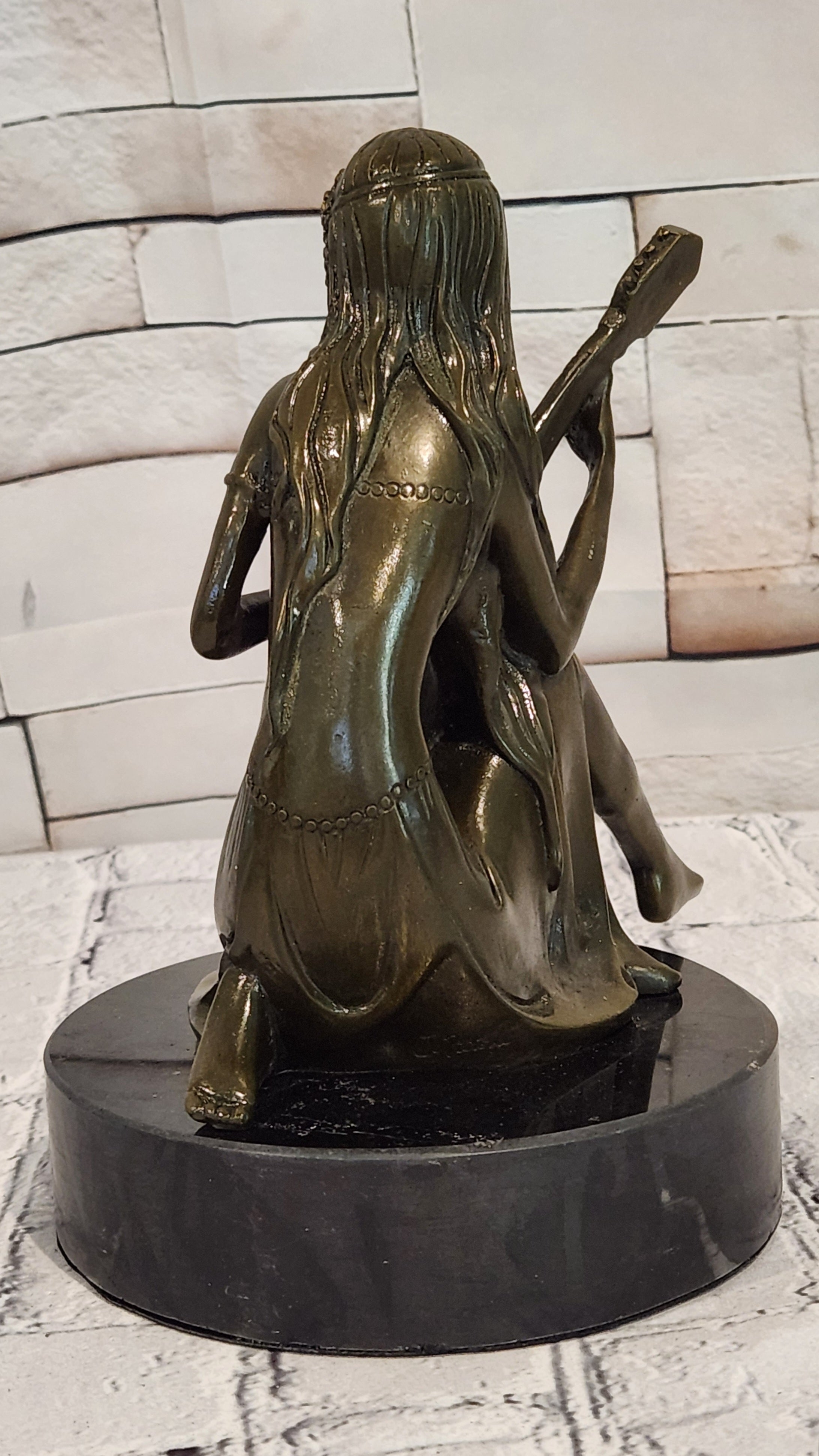 Art Nouveau Bronze Mandolin Player Girl Statue Signed Jean Patoue Sculpture
