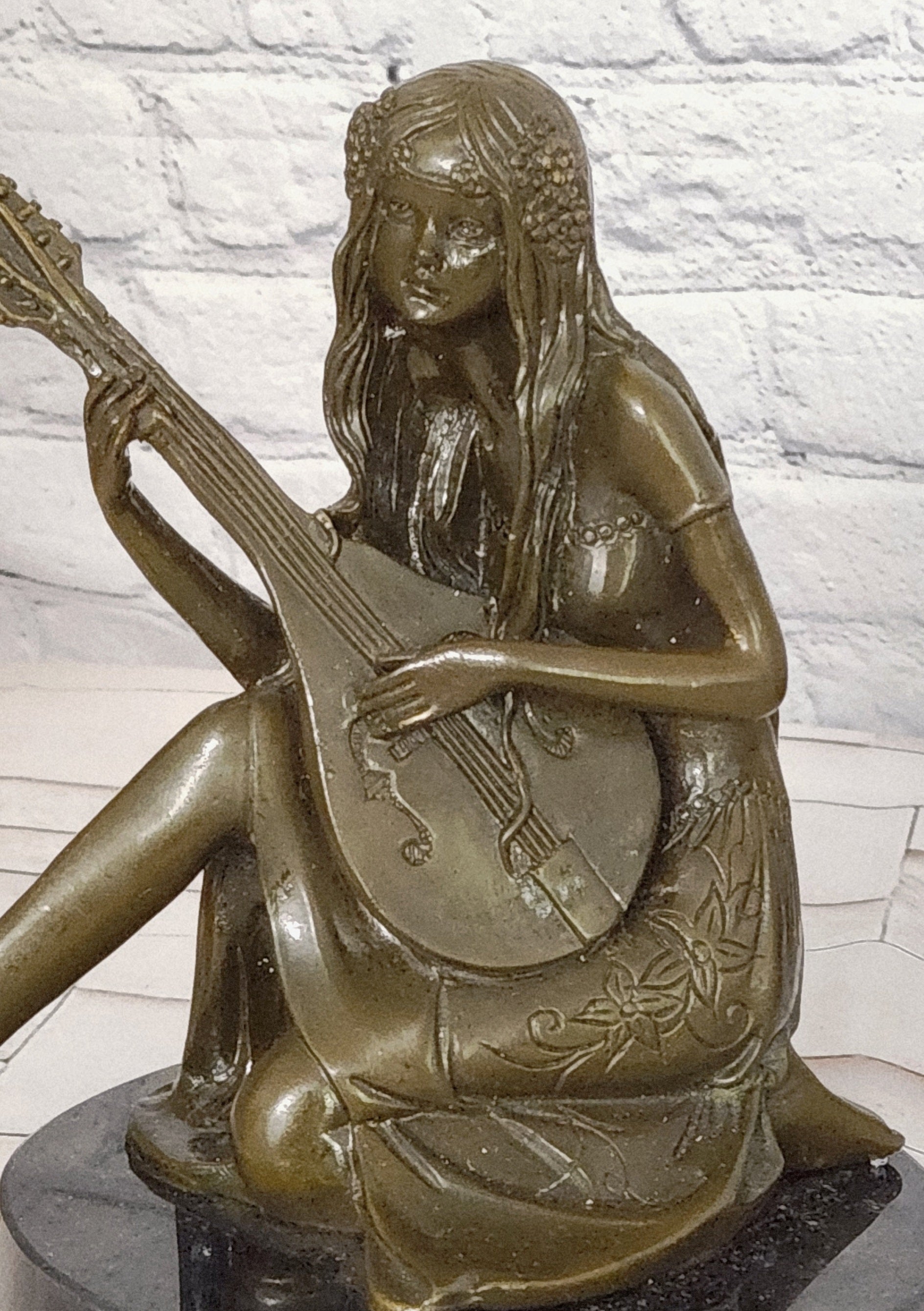 Art Nouveau Bronze Mandolin Player Girl Statue Signed Jean Patoue Sculpture