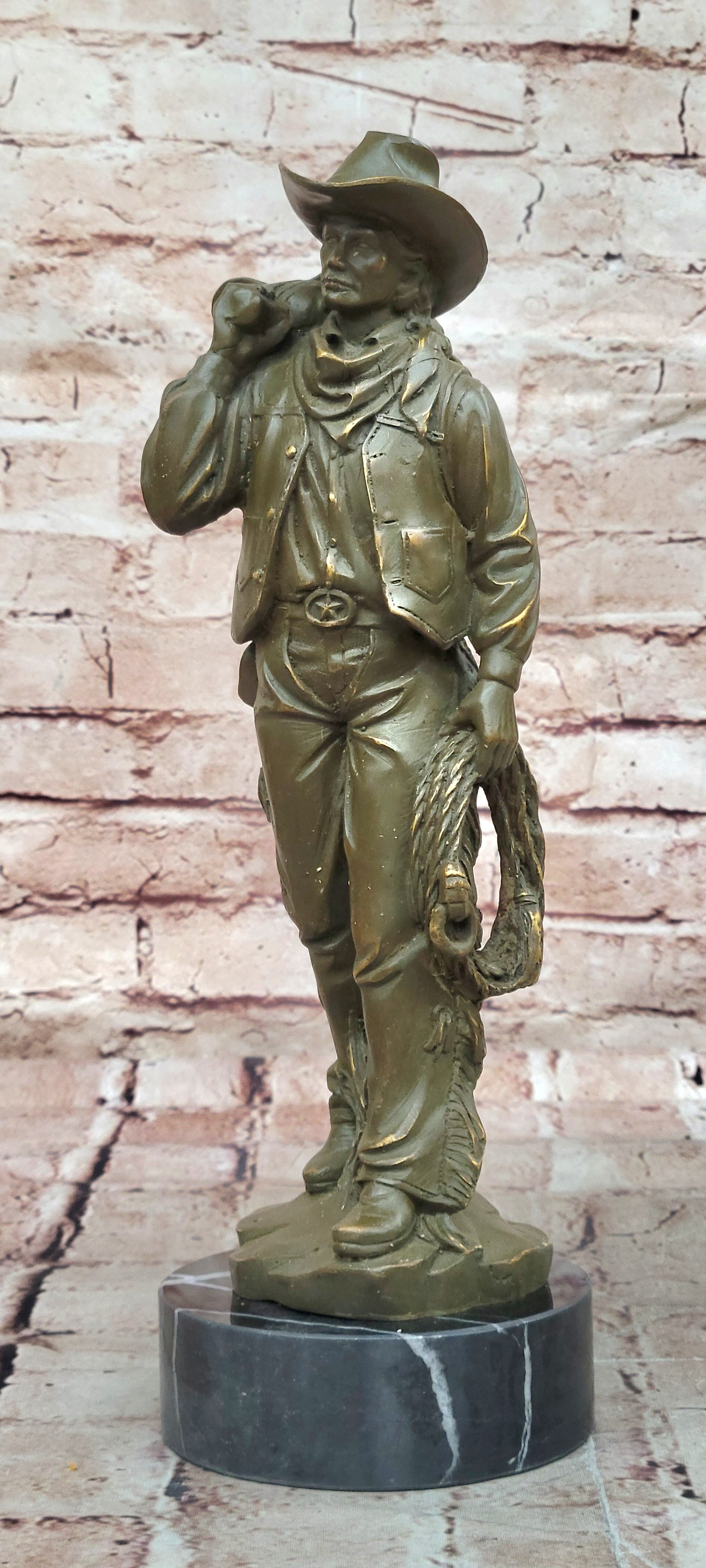 Bronze Western Rider Statue Original Cowboy Sculpture by M. Lopez Home Decor Figurine Art