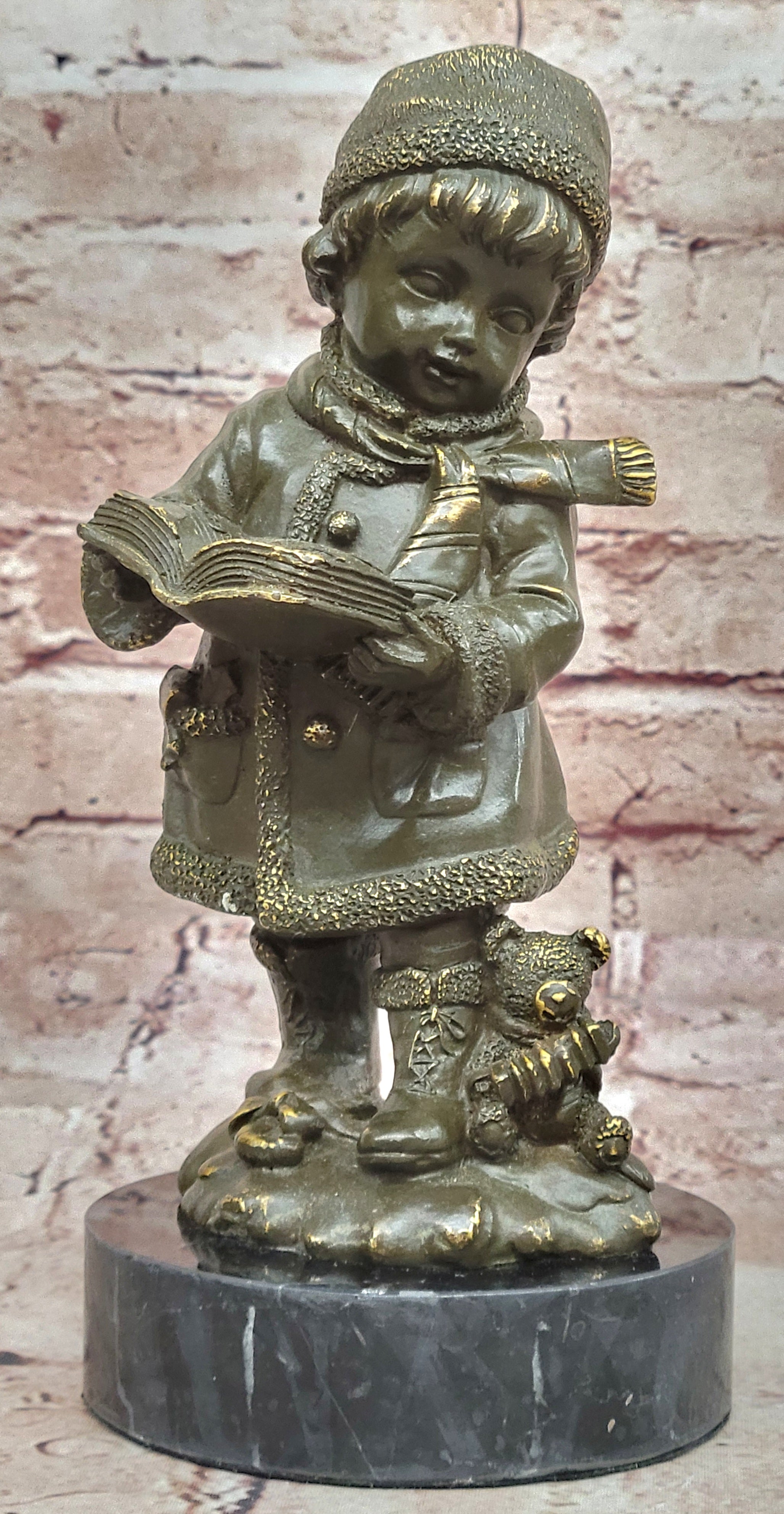 Bronze Statue of Boy in Winter Clothing Reading Book Signed J. Patoue Figurine
