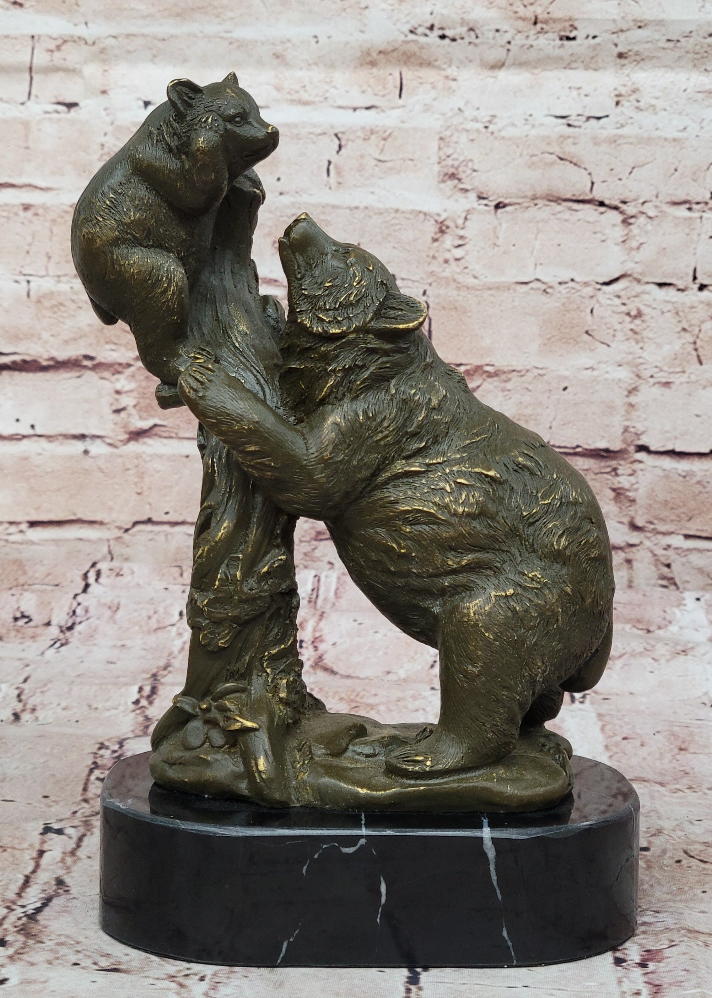 Handmade Bronze Sculpture Statue of Bear Family with Cub Nature Cabin Accent Art