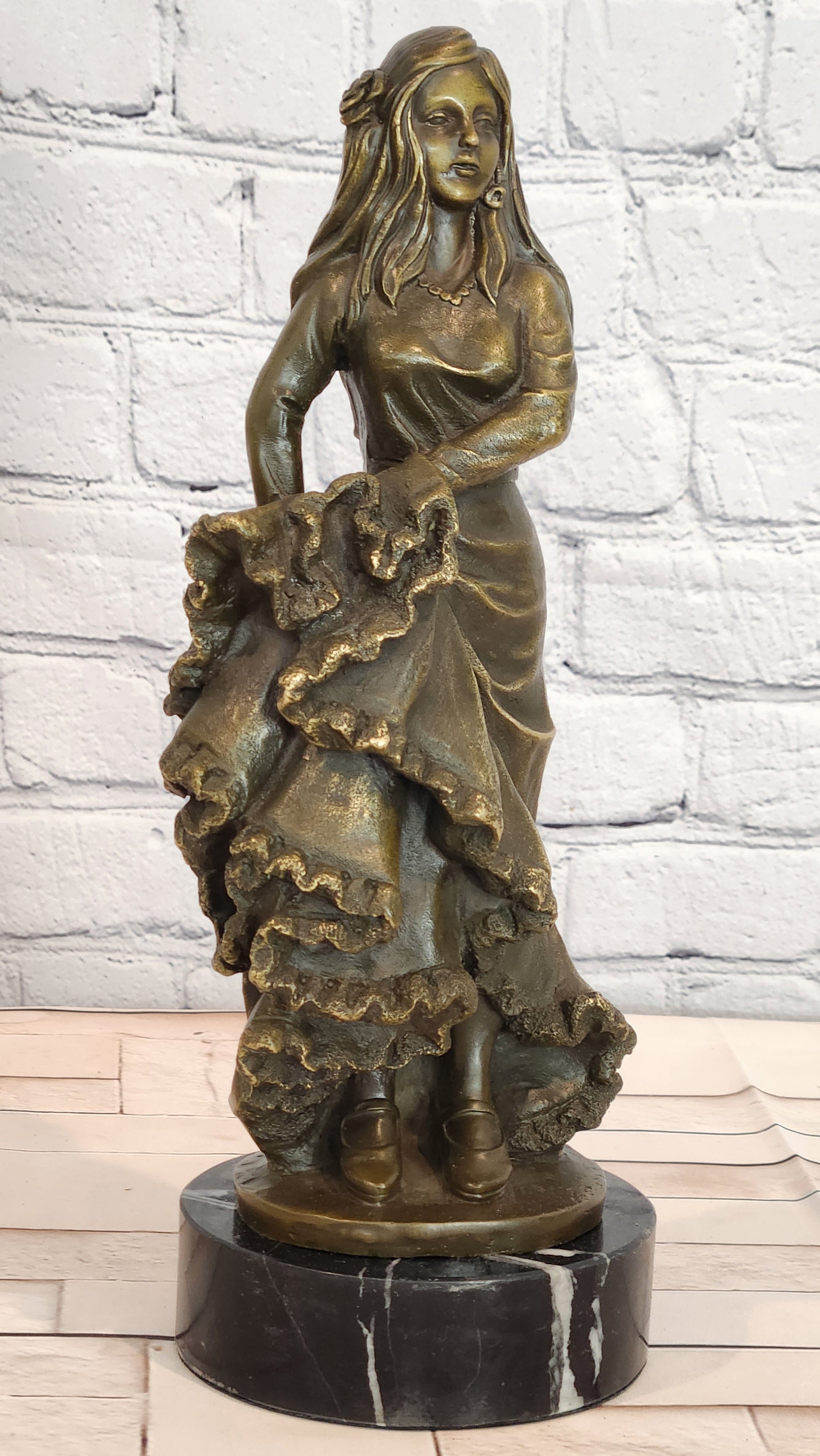 Signed Bronze Flamenco Performer Figurine Latin Woman Dance Statue Decor