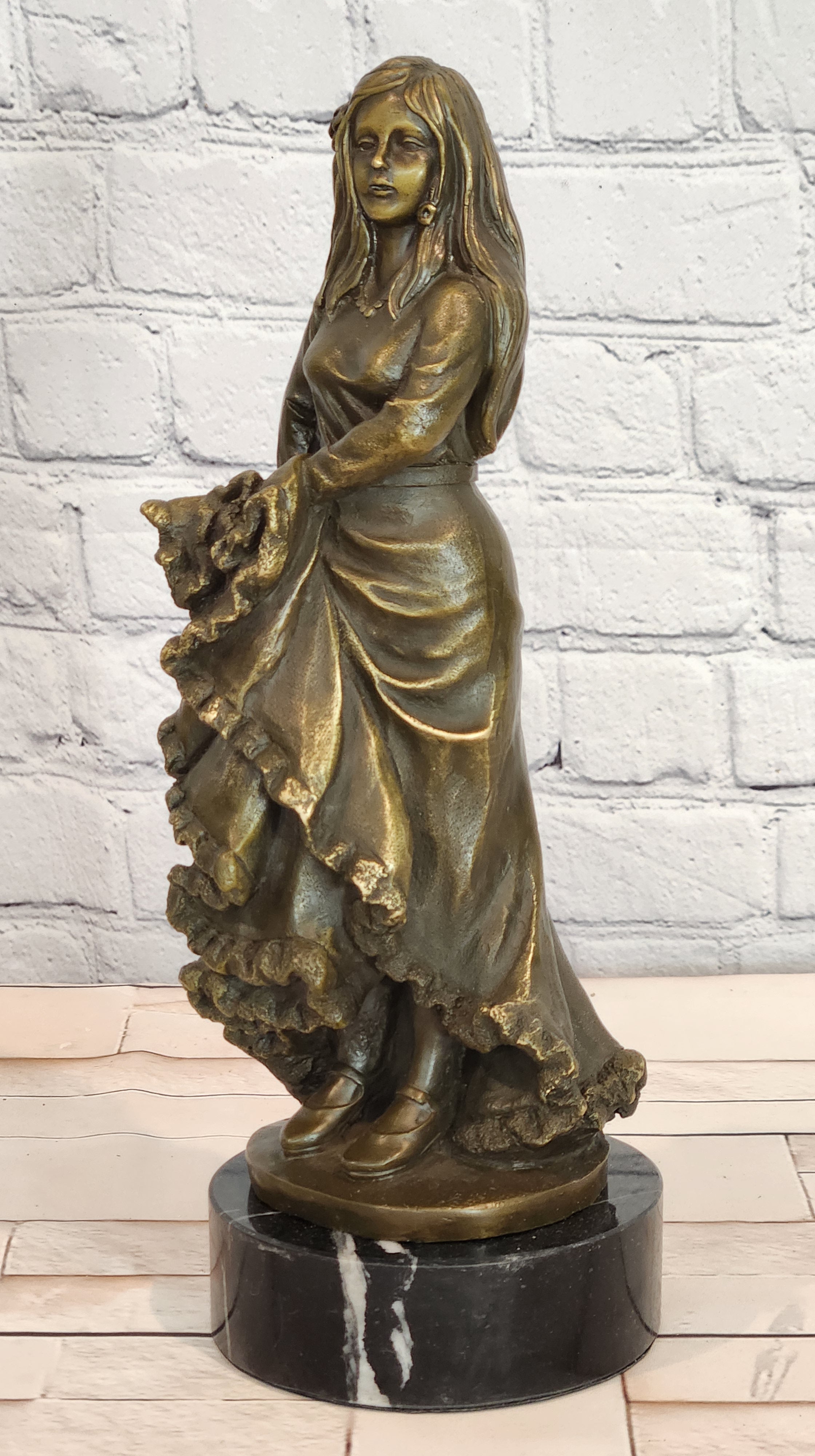 Signed Bronze Flamenco Performer Figurine Latin Woman Dance Statue Decor