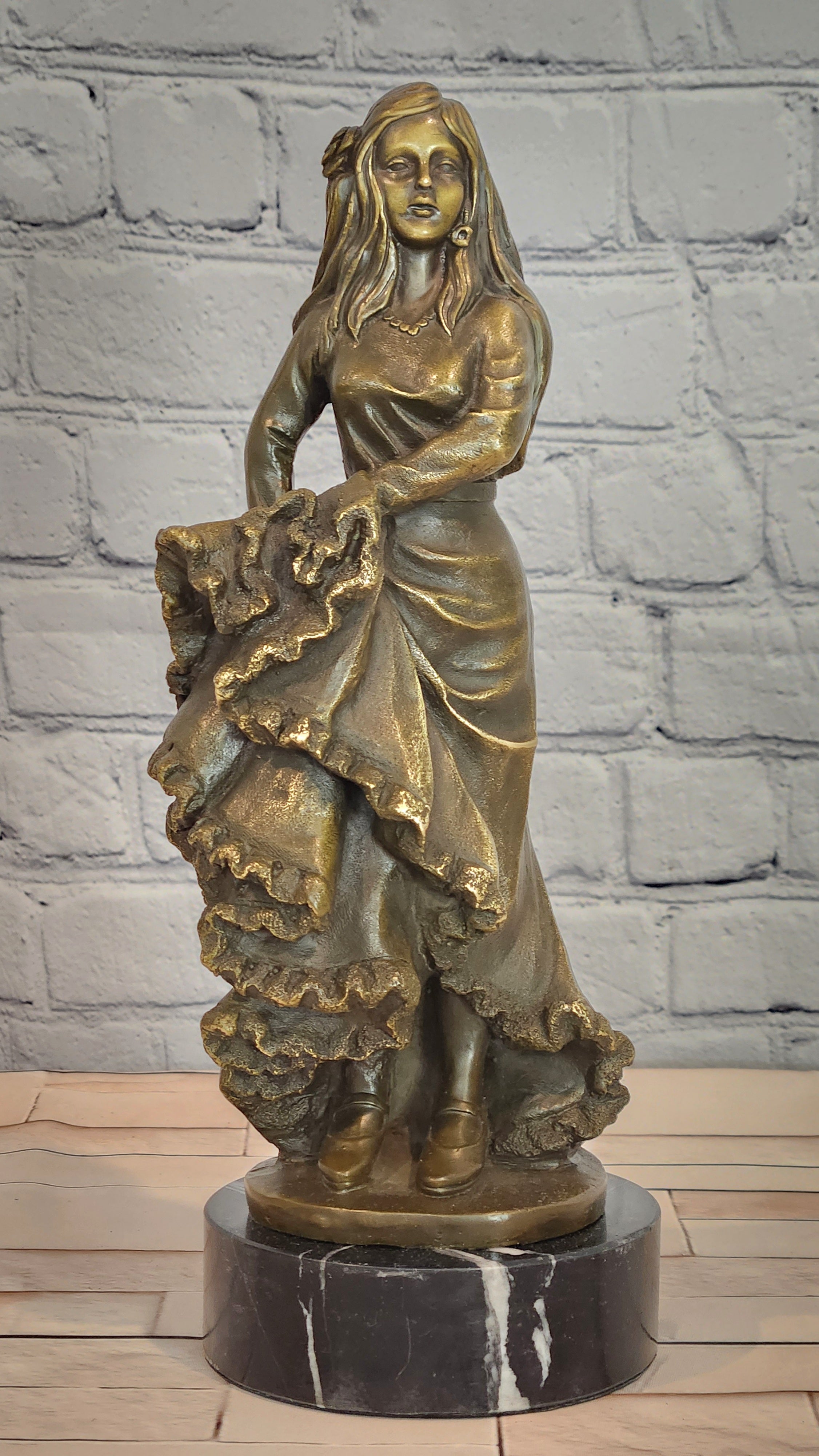 Signed Bronze Flamenco Performer Figurine Latin Woman Dance Statue Decor