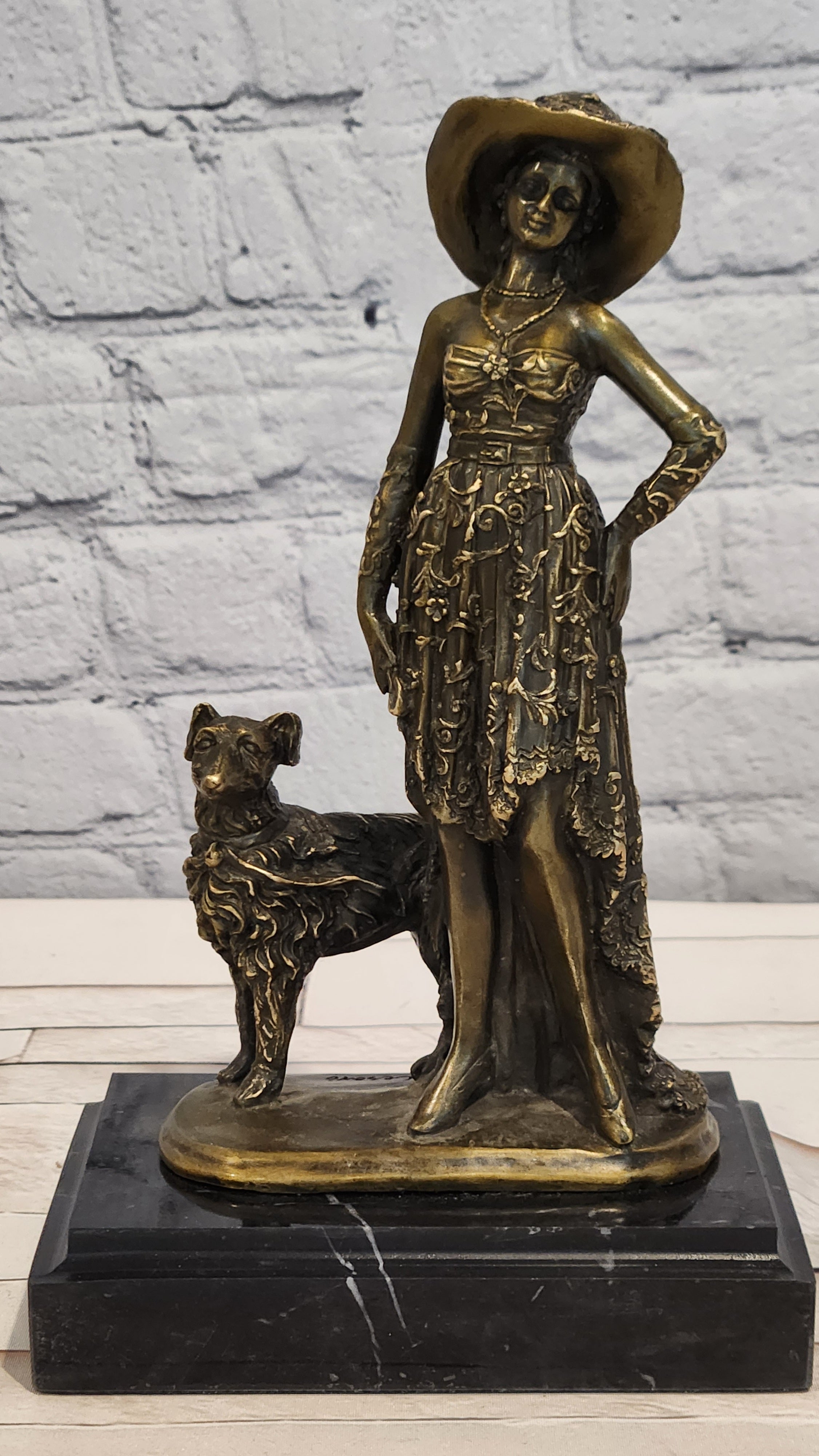 Art Deco Bronze Female with Dog Sculpture Signed Casaro Home Decor Statue
