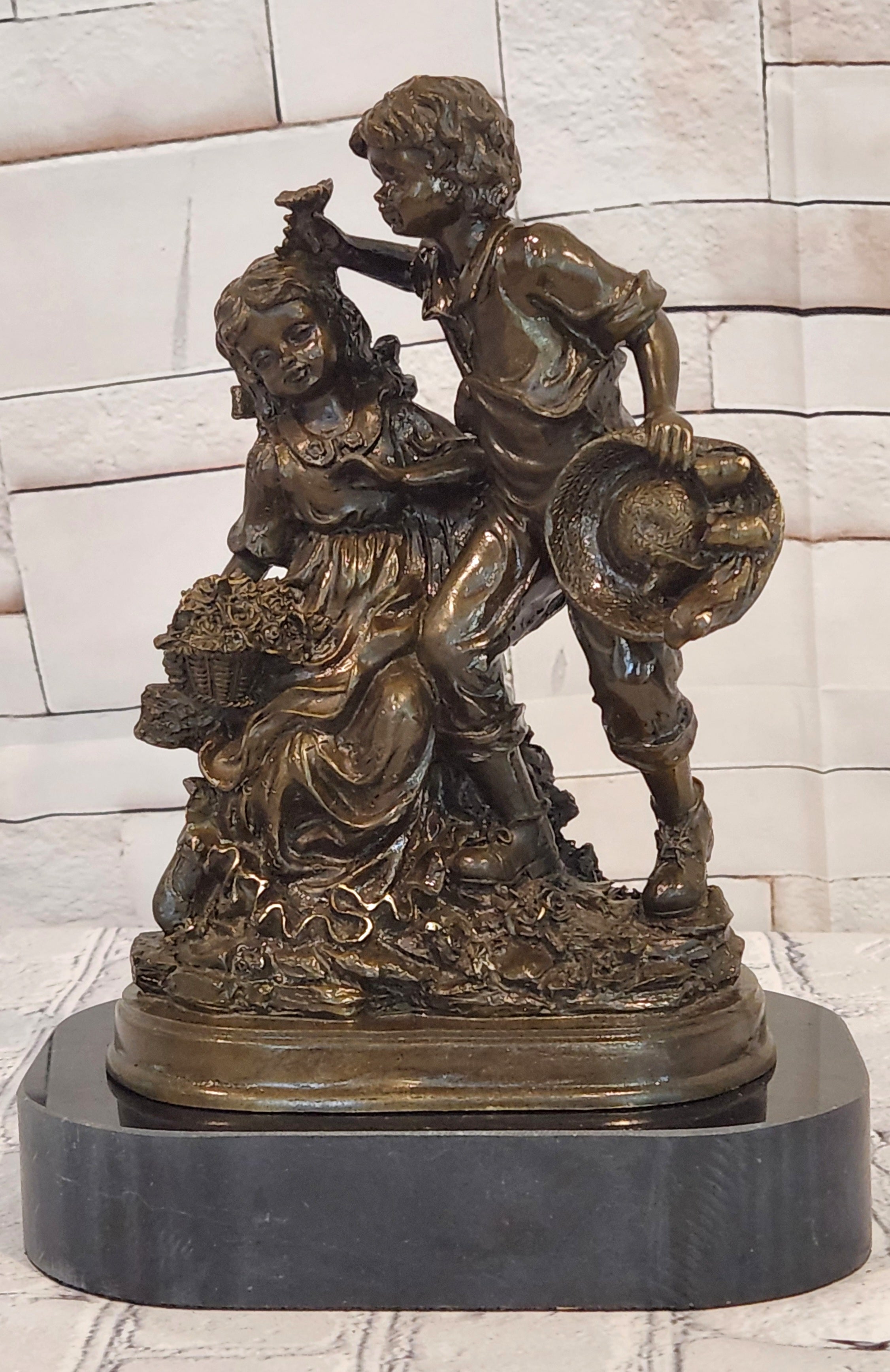 Bronze Boy and Girl Sculpture by Patoue Children Sibling Figurine Fine Art Statue