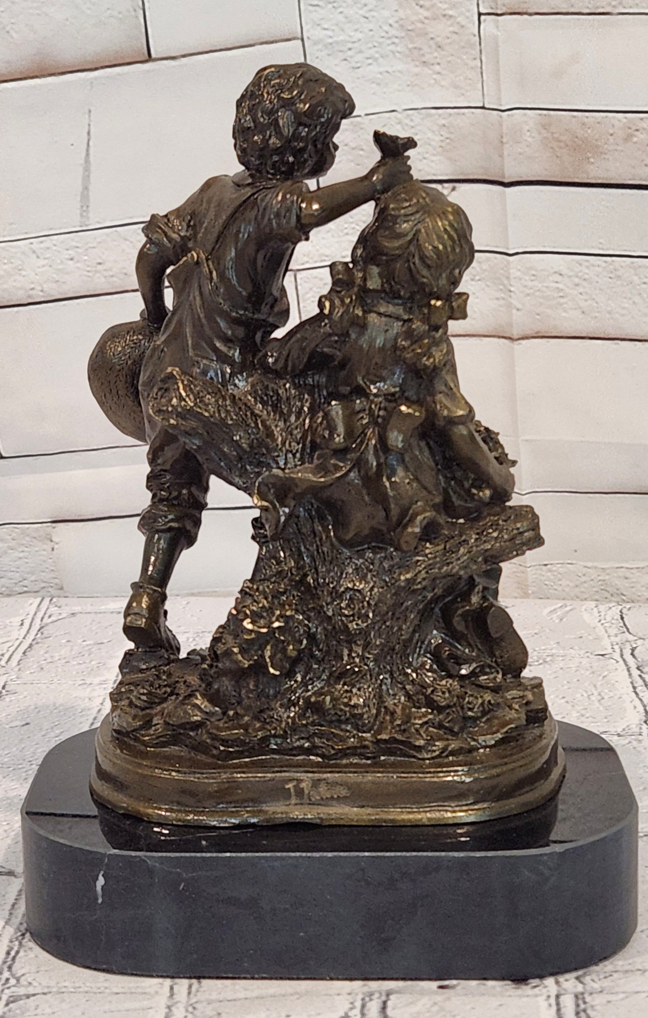 Bronze Boy and Girl Sculpture by Patoue Children Sibling Figurine Fine Art Statue