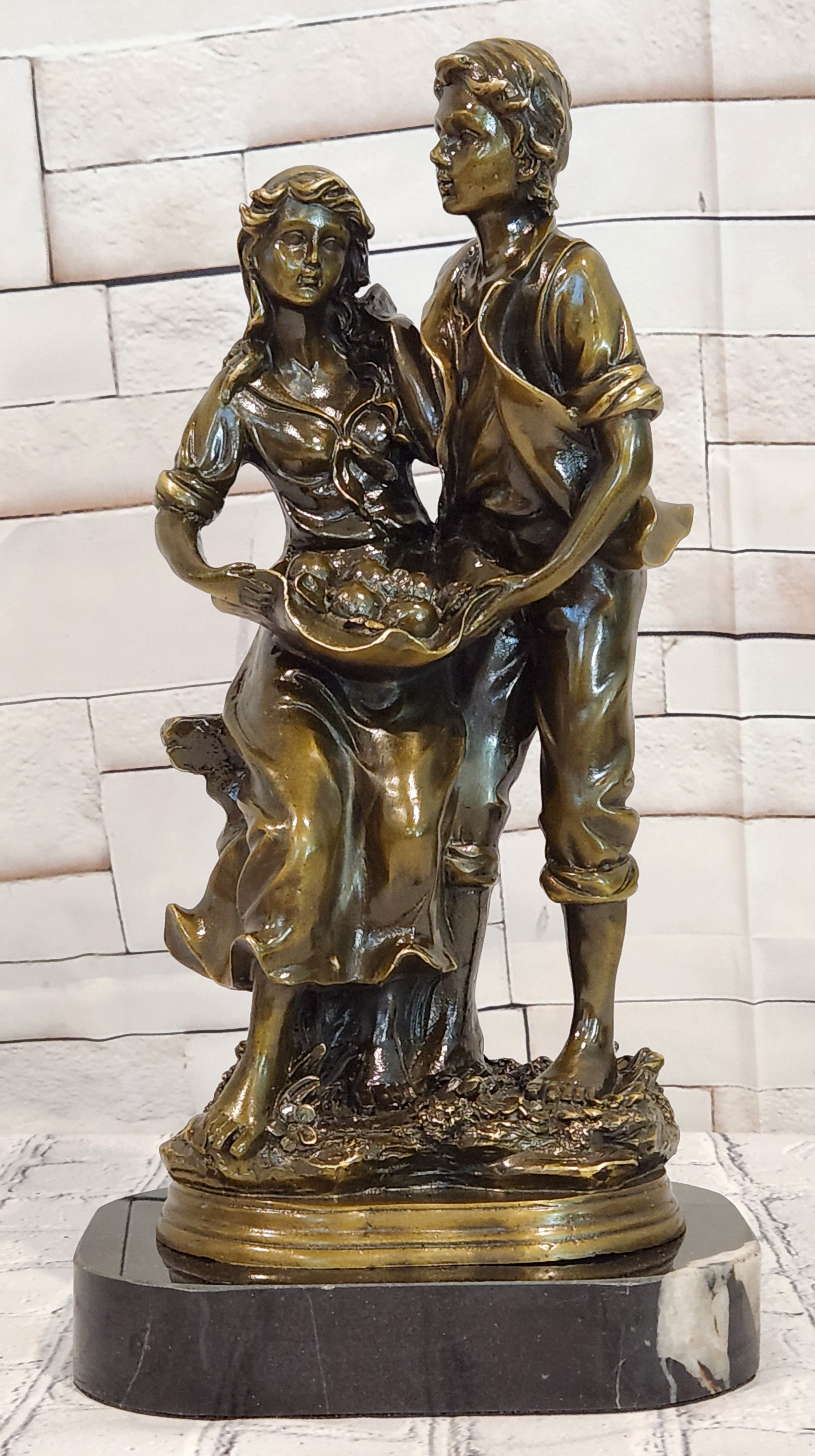Bronze Harvest Couple Sculpture Cesaro Rustic Romance Farm Scene Collectible Artwork