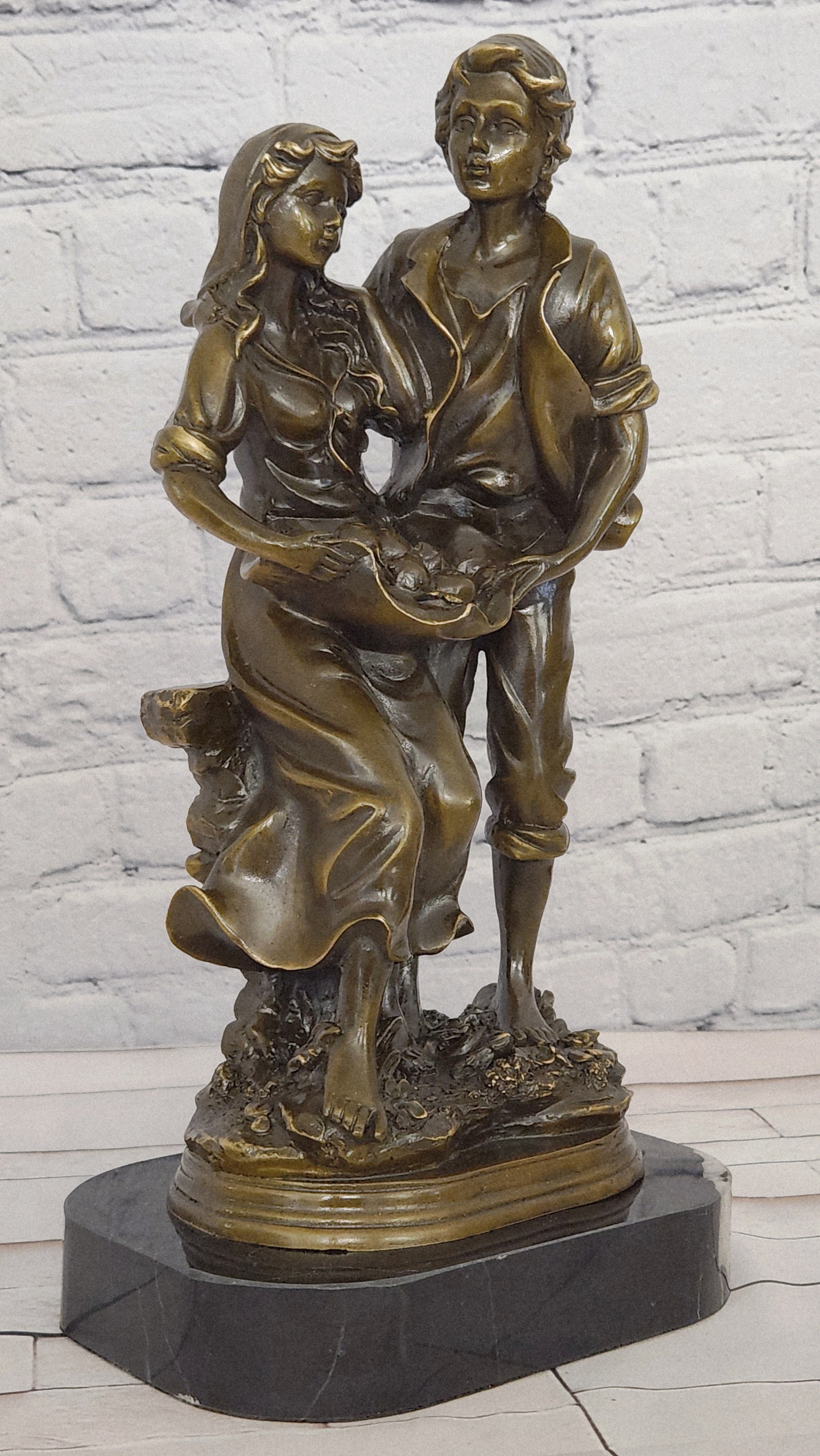 Bronze Harvest Couple Sculpture Cesaro Rustic Romance Farm Scene Collectible Artwork
