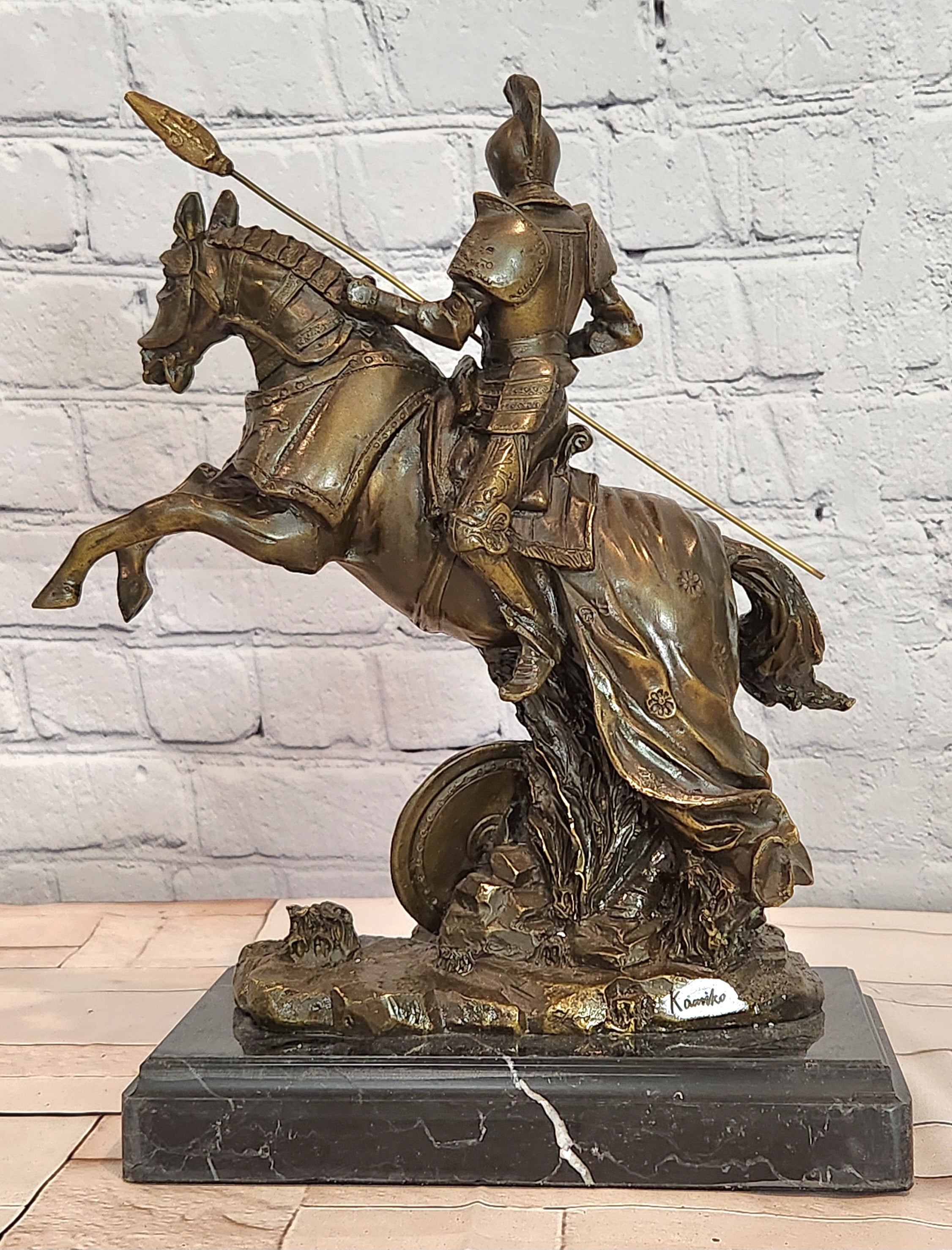 Kamiko Bronze Horseback Knight Sculpture Medieval Collectible Decorative Art Statue