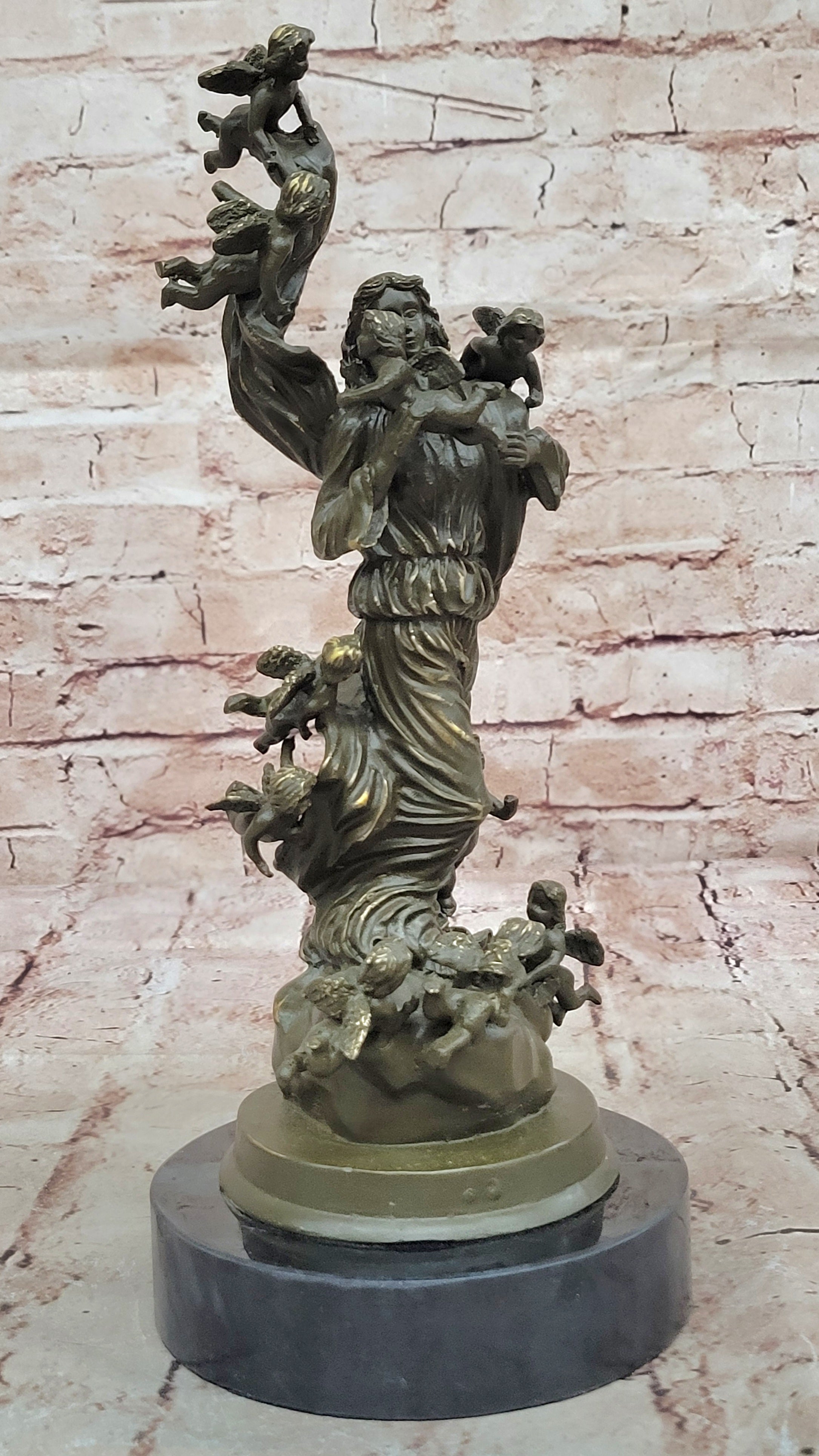 Signed Mavchi Bronze Sculpture Statue of Mother and Infant Putti Collectible Artwork