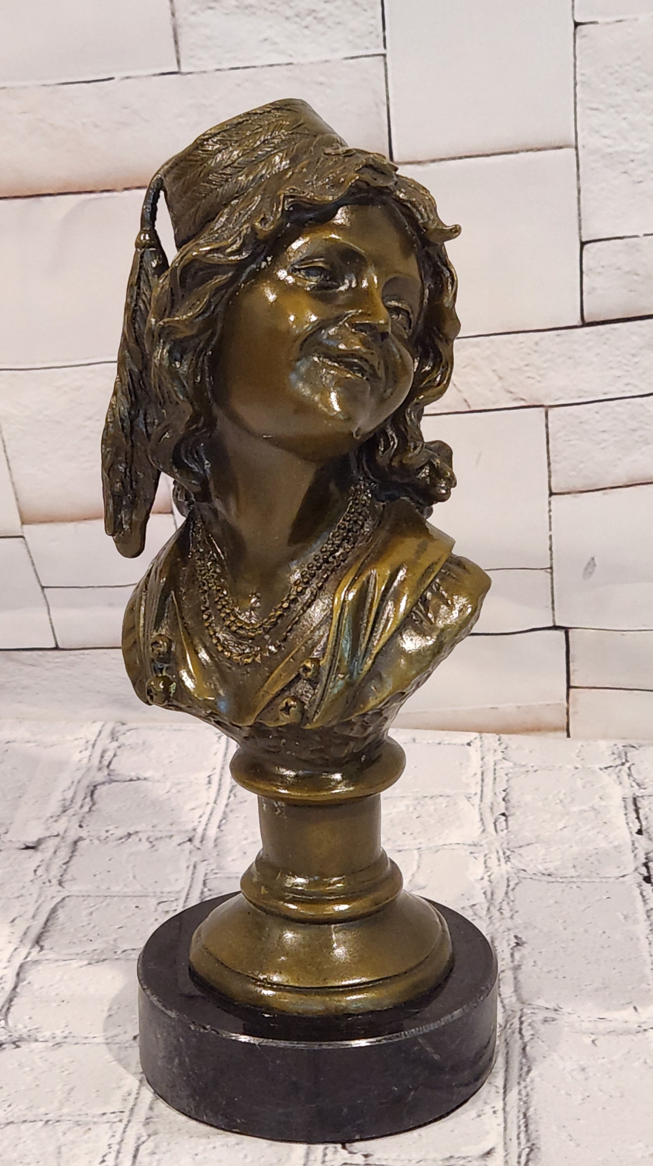 Signed M. Lopez Bronze Bust Sculpture Smiling Lady Art Deco Collectible Statue