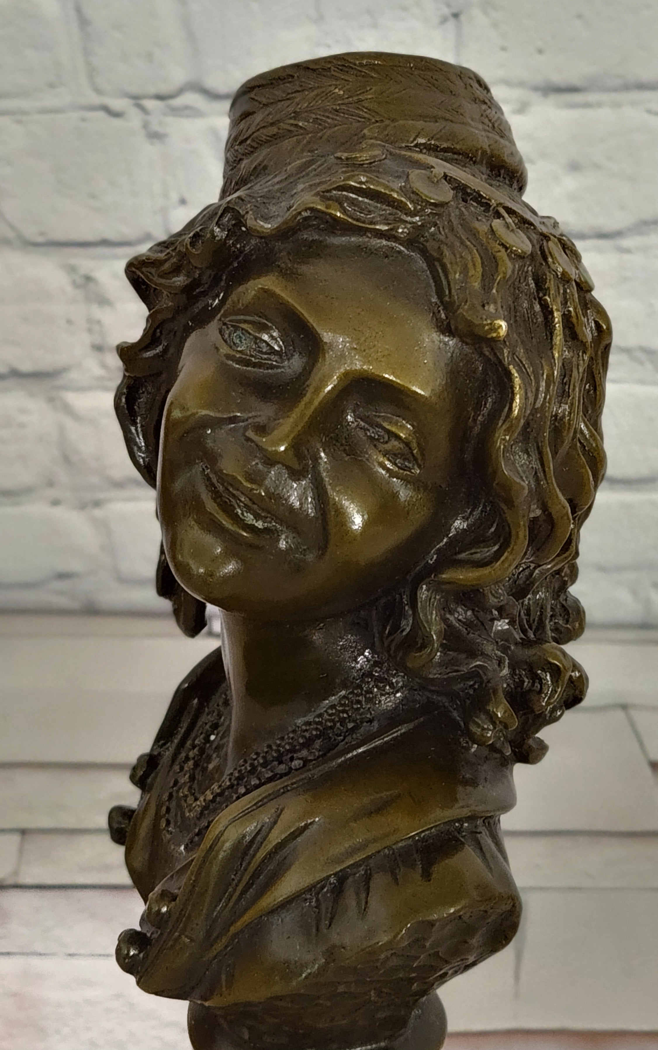 Signed M. Lopez Bronze Bust Sculpture Smiling Lady Art Deco Collectible Statue