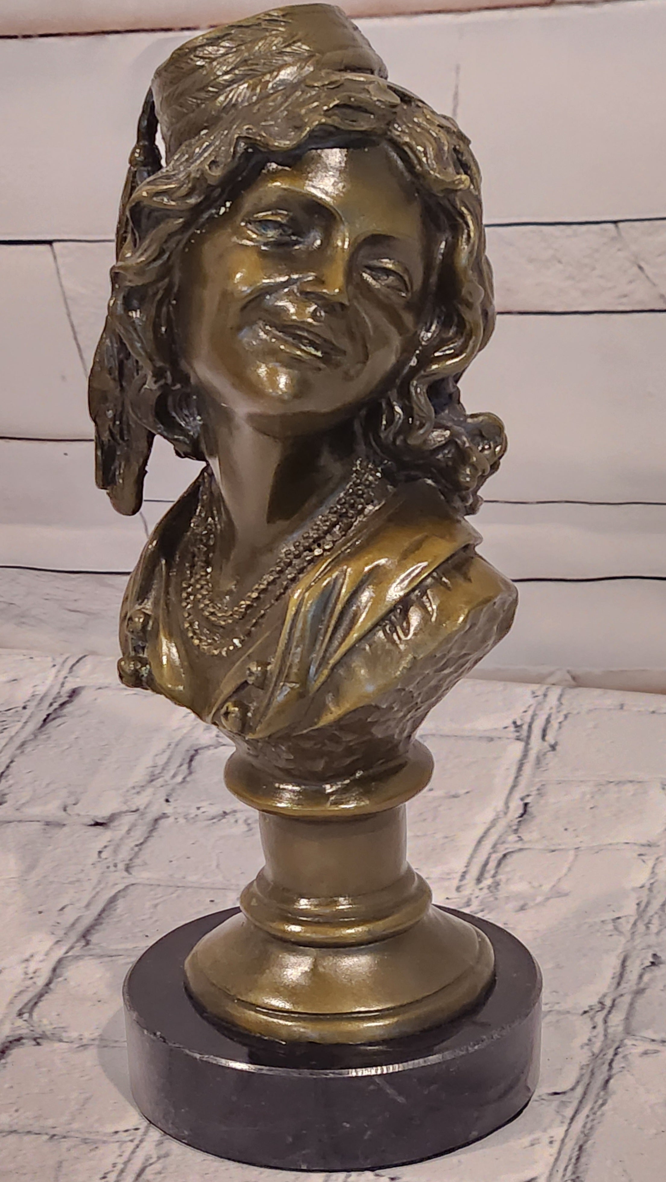 Signed M. Lopez Bronze Bust Sculpture Smiling Lady Art Deco Collectible Statue