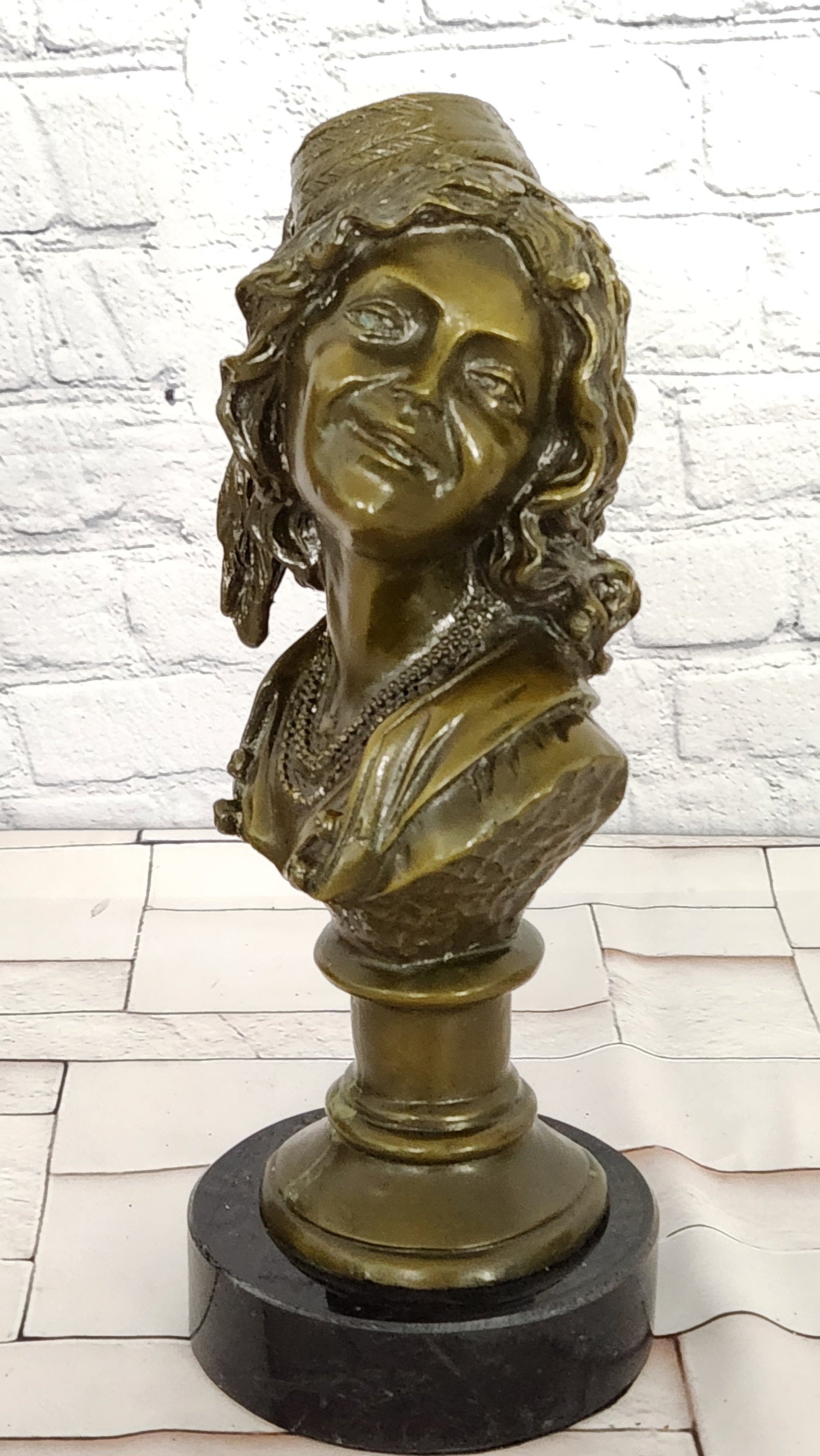 Signed M. Lopez Bronze Bust Sculpture Smiling Lady Art Deco Collectible Statue