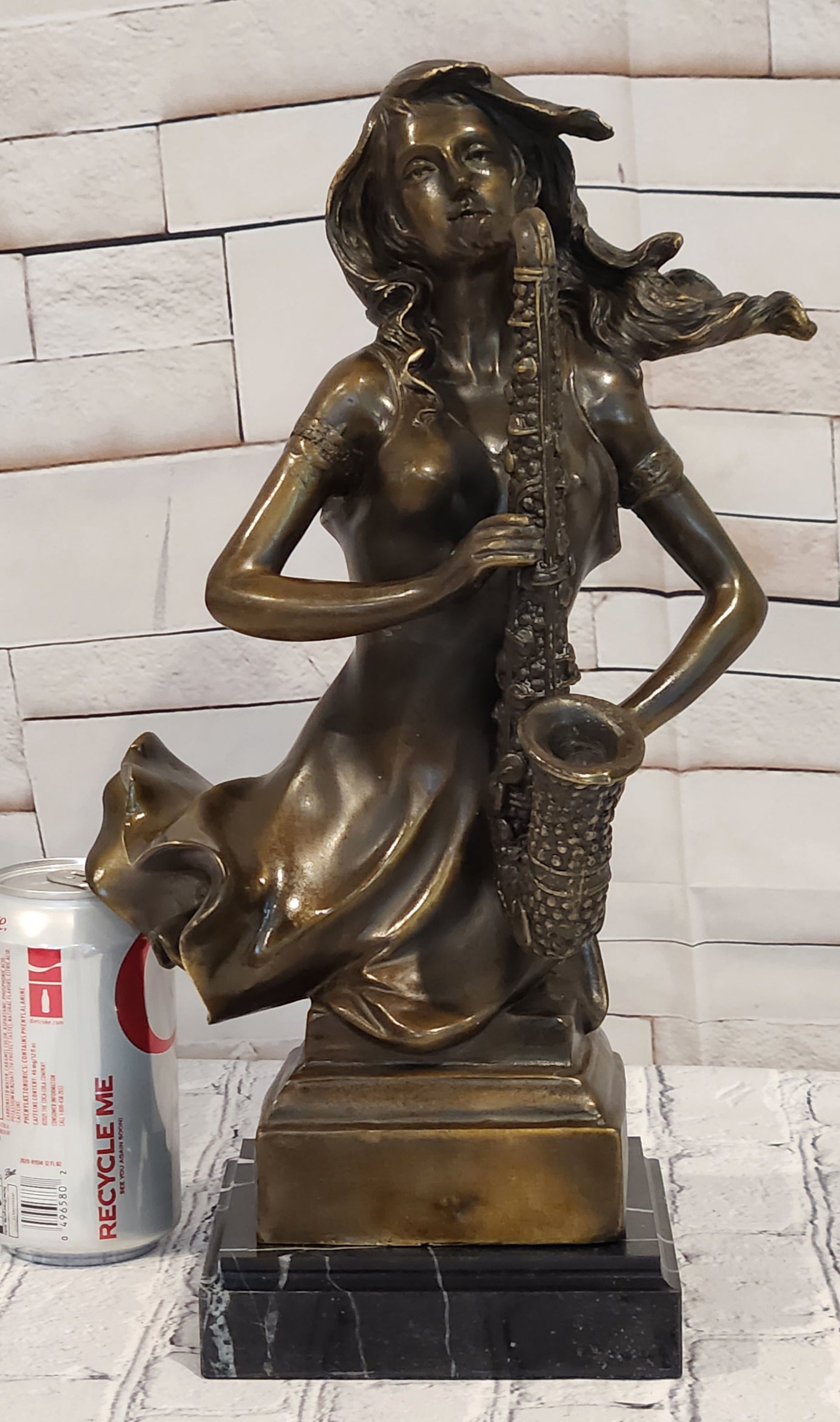 Hand Cast Bronze Woman Saxophone Player Sculpture Western Jazz Bar Decor Signed Art