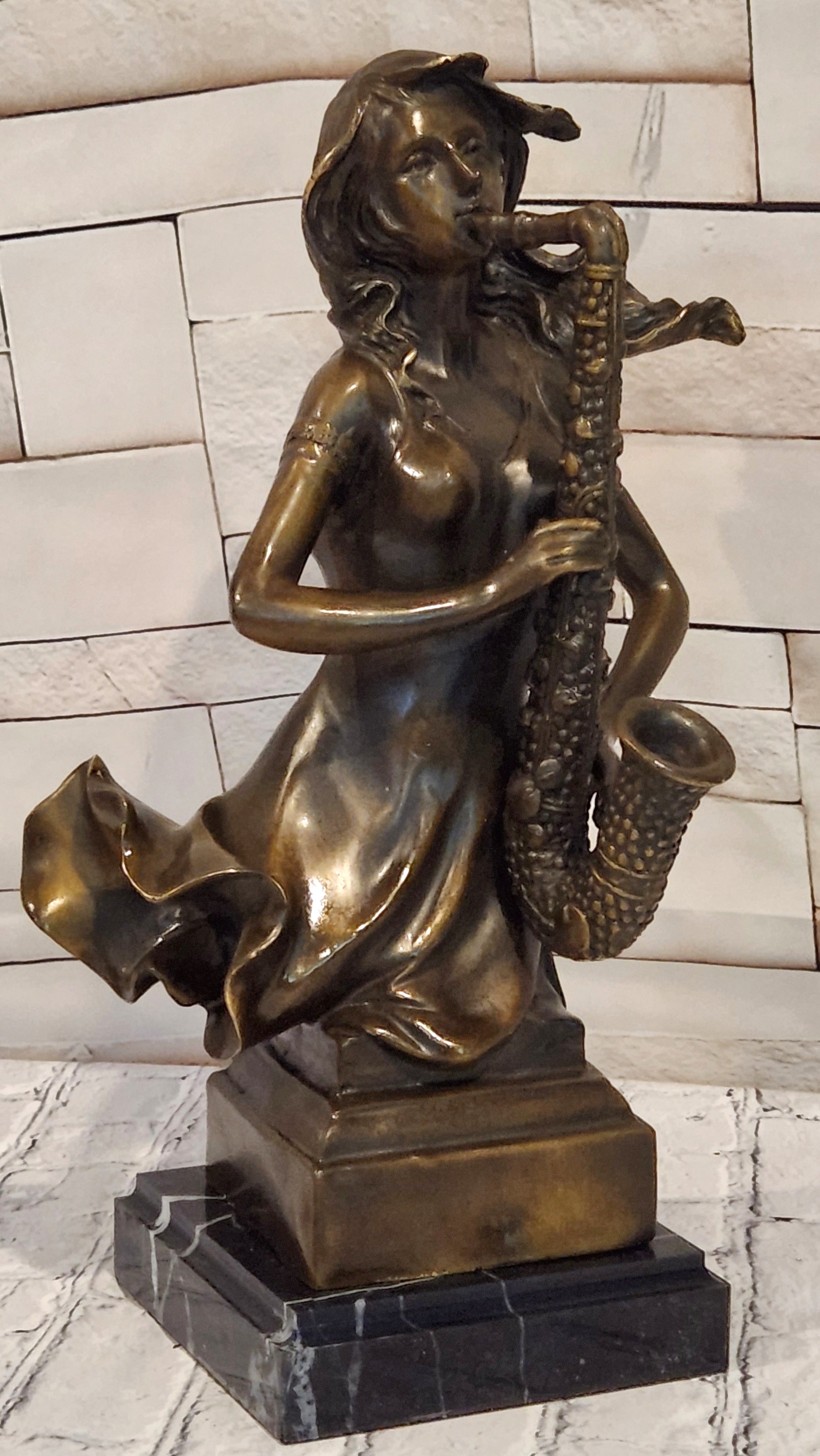 Hand Cast Bronze Woman Saxophone Player Sculpture Western Jazz Bar Decor Signed Art