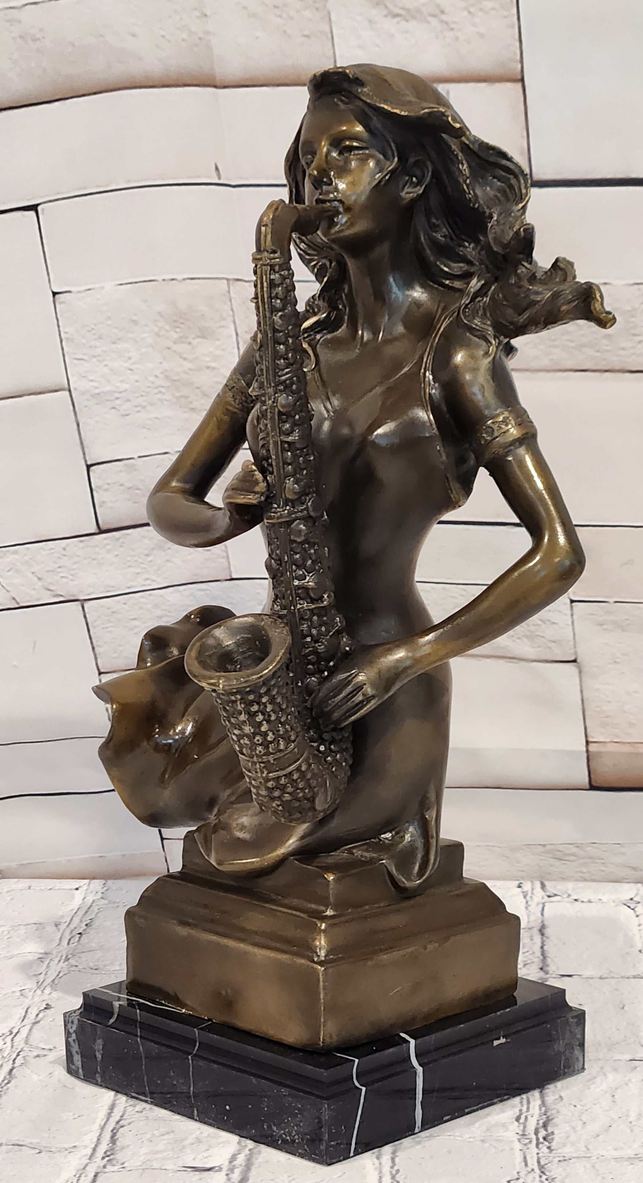 Hand Cast Bronze Woman Saxophone Player Sculpture Western Jazz Bar Decor Signed Art