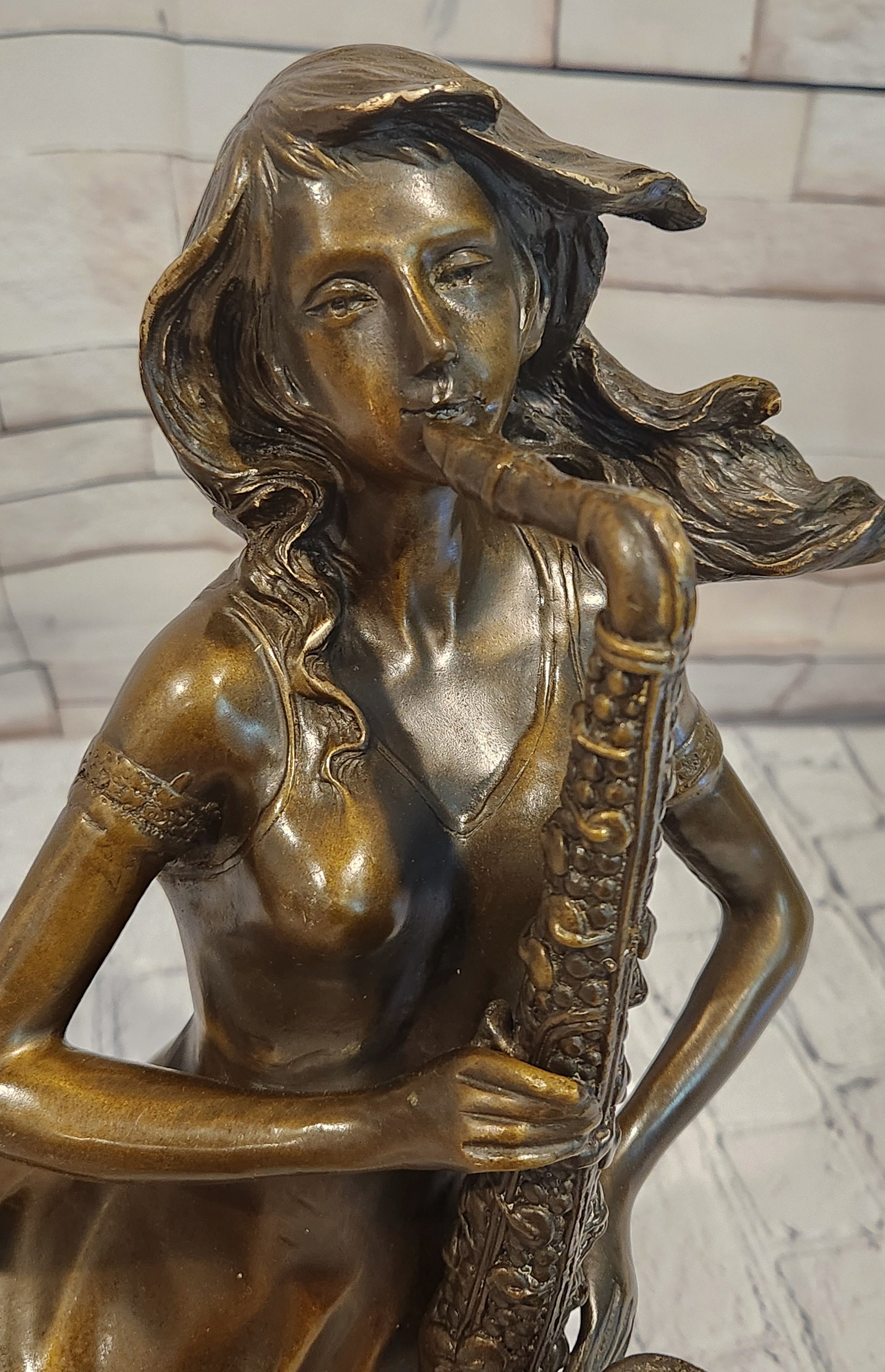Hand Cast Bronze Woman Saxophone Player Sculpture Western Jazz Bar Decor Signed Art
