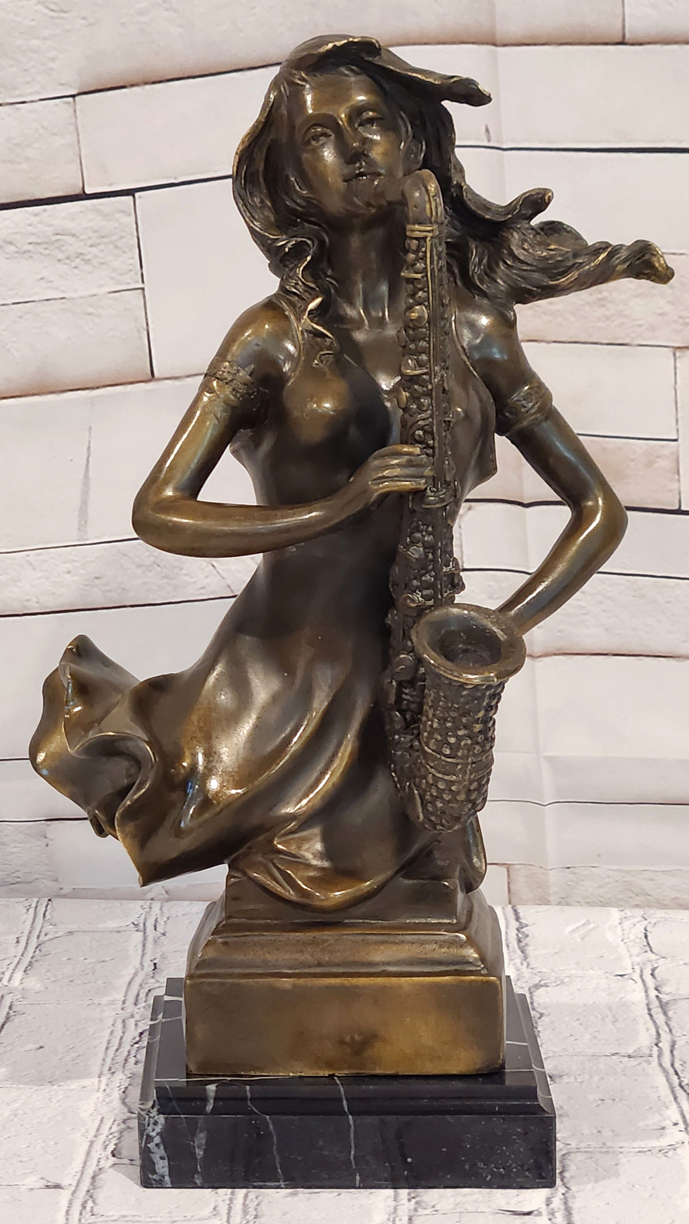 Hand Cast Bronze Woman Saxophone Player Sculpture Western Jazz Bar Decor Signed Art