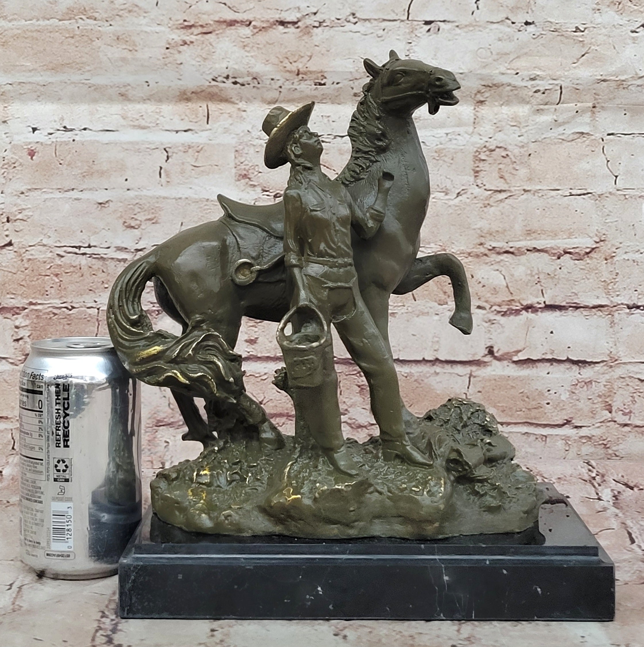 Hand Made Bronze Cowgirl Statue Sculpture with Horse Old West Theme Signed J Patoue Figurine