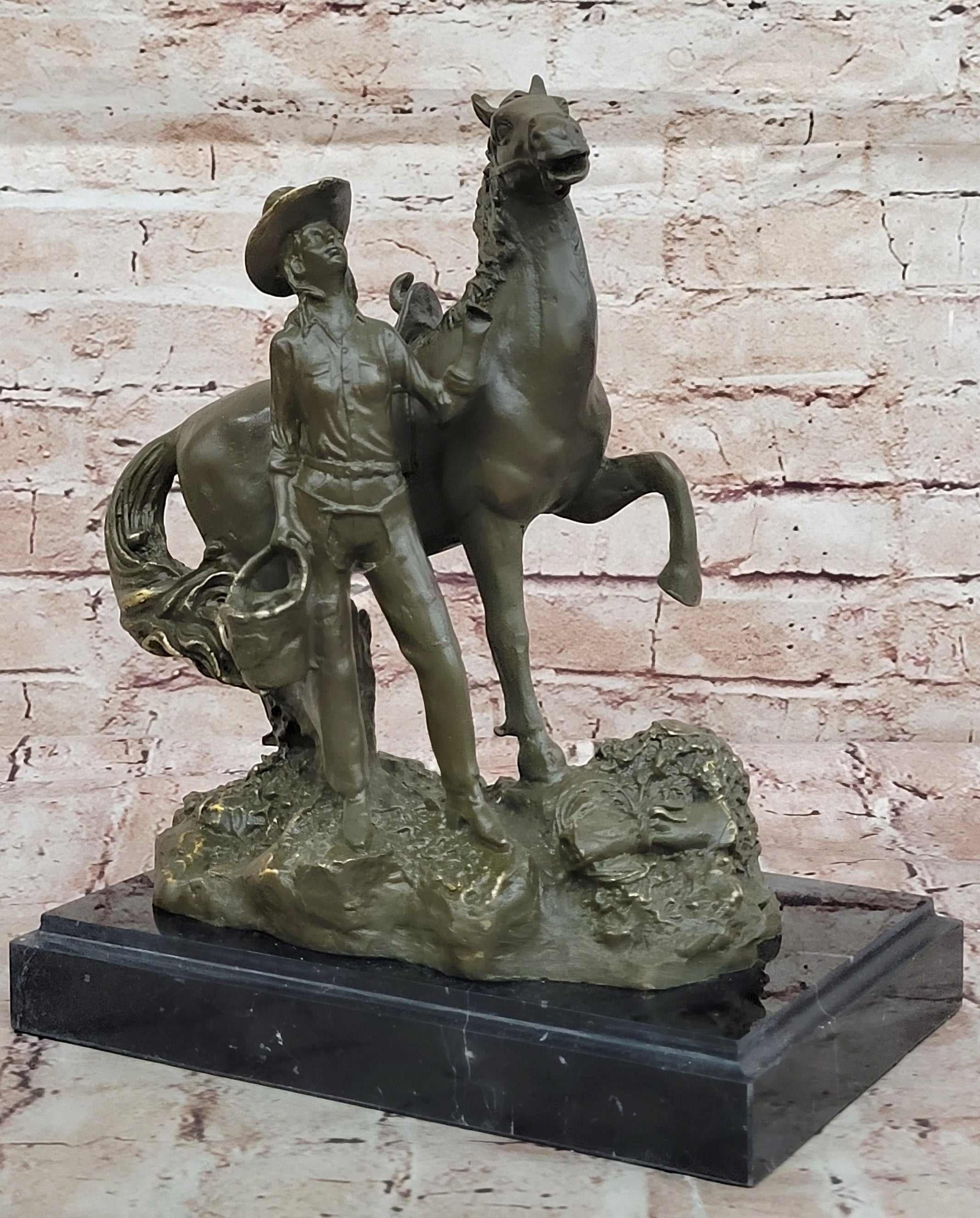 Hand Made Bronze Cowgirl Statue Sculpture with Horse Old West Theme Signed J Patoue Figurine