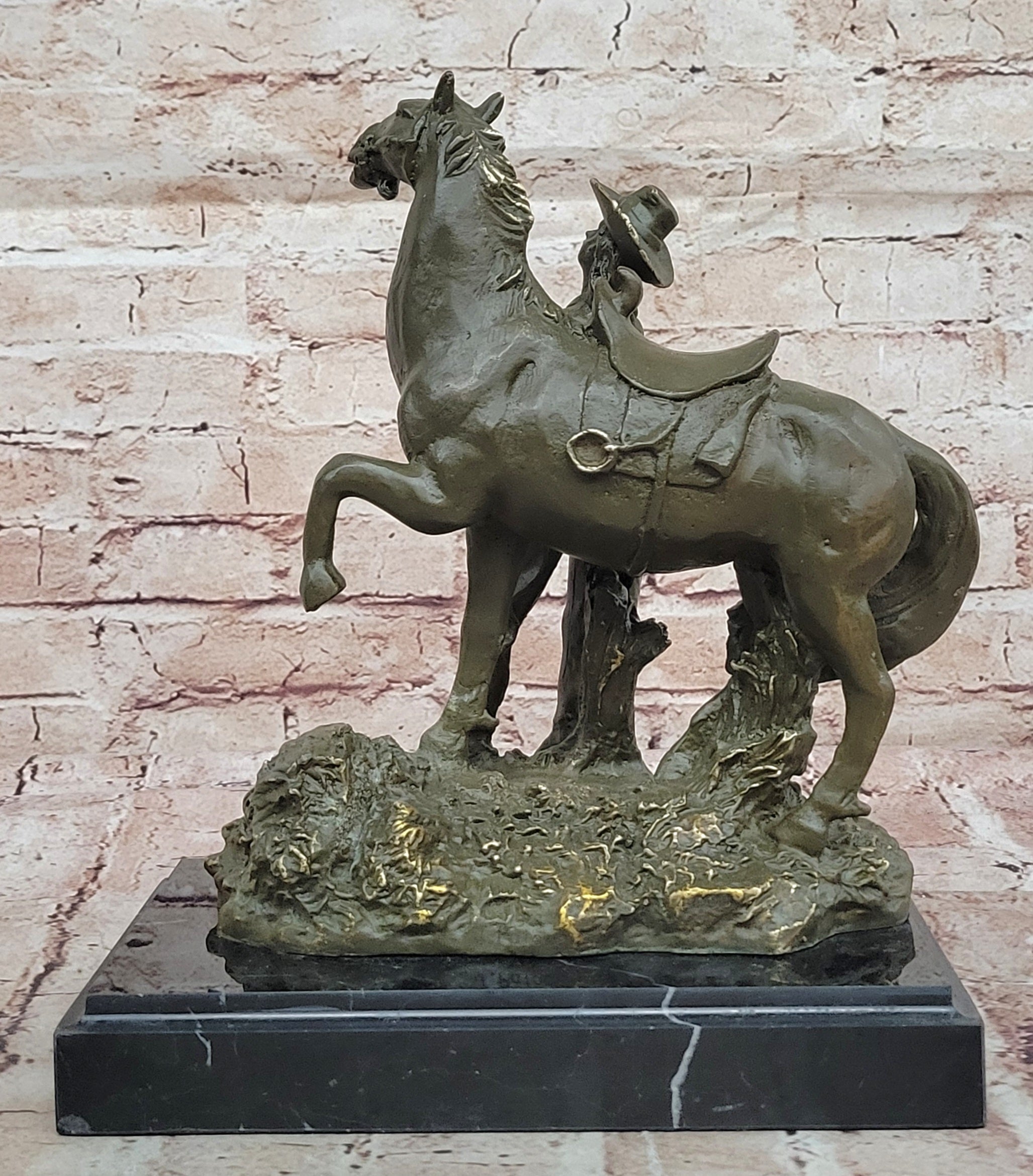 Hand Made Bronze Cowgirl Statue Sculpture with Horse Old West Theme Signed J Patoue Figurine