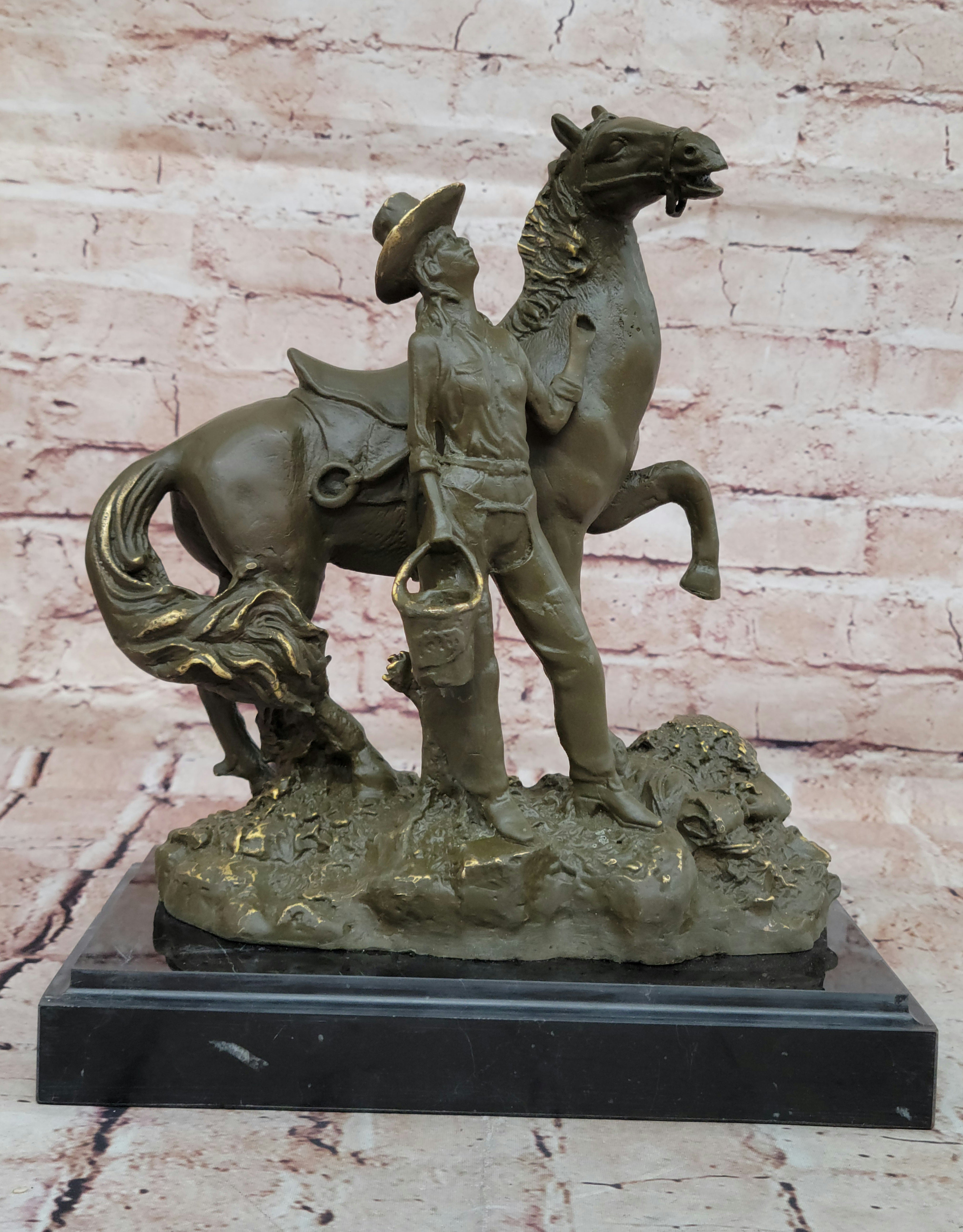 Hand Made Bronze Cowgirl Statue Sculpture with Horse Old West Theme Signed J Patoue Figurine