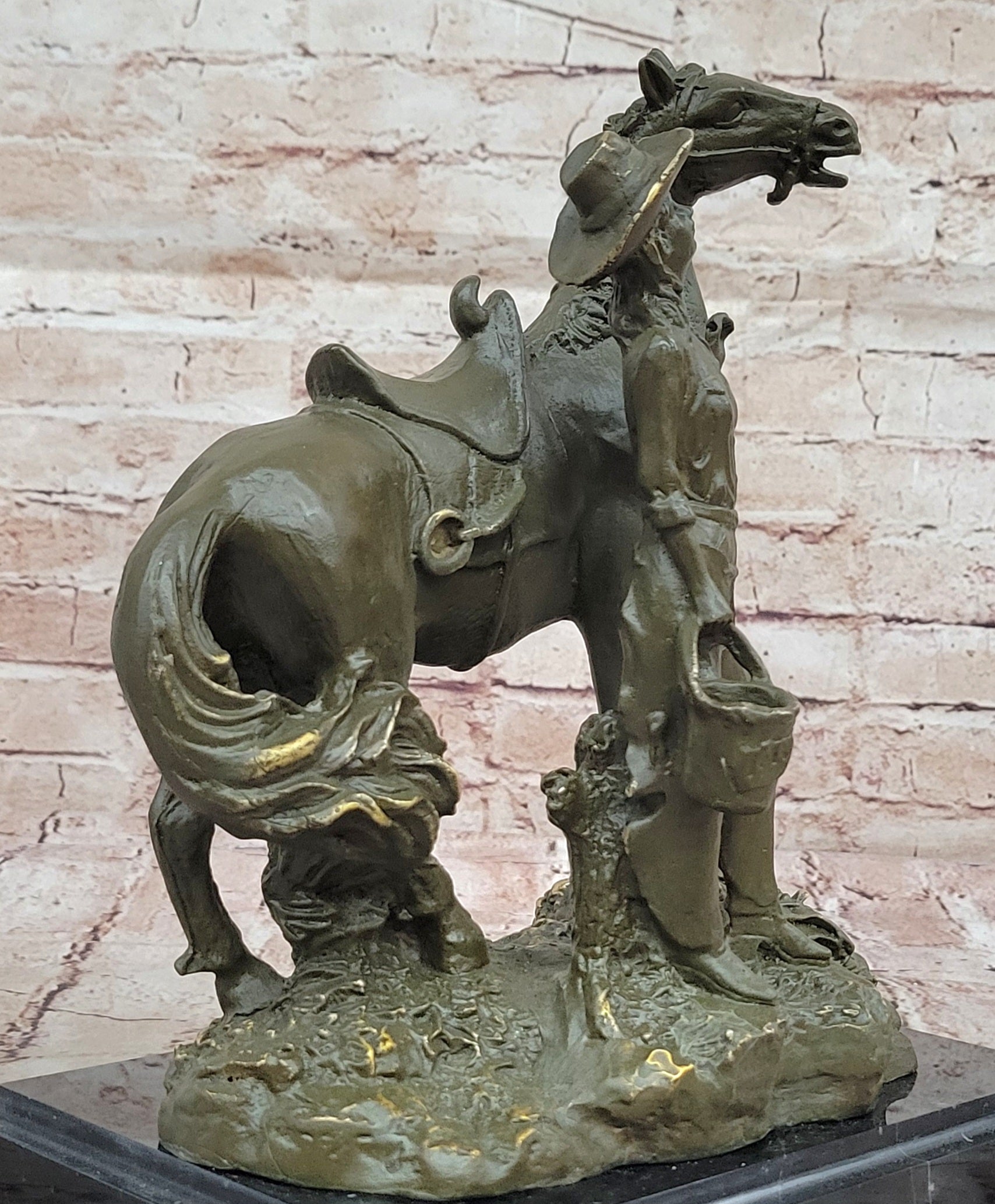 Hand Made Bronze Cowgirl Statue Sculpture with Horse Old West Theme Signed J Patoue Figurine
