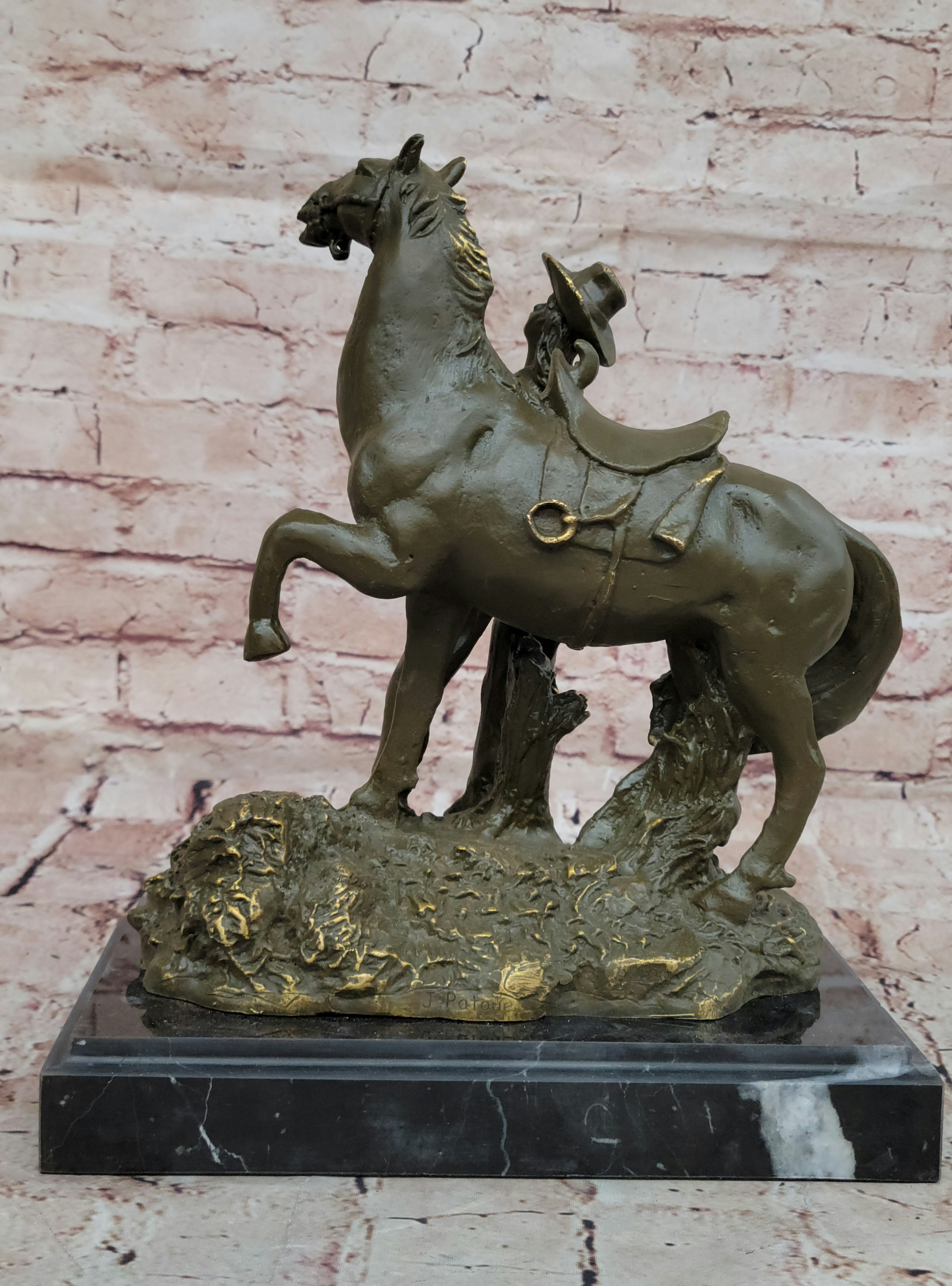 Hand Made Bronze Cowgirl Statue Sculpture with Horse Old West Theme Signed J Patoue Figurine