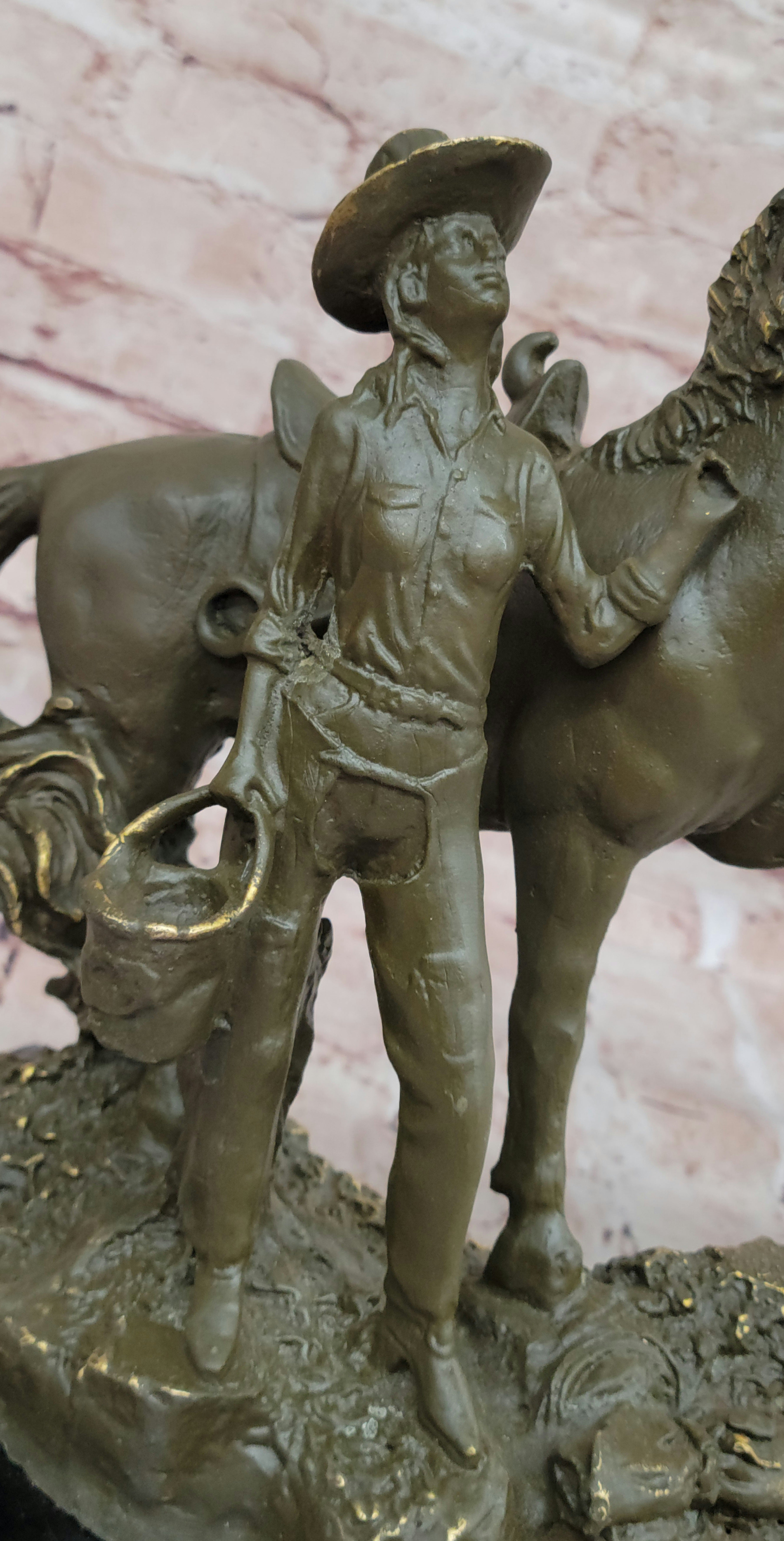 Hand Made Bronze Cowgirl Statue Sculpture with Horse Old West Theme Signed J Patoue Figurine