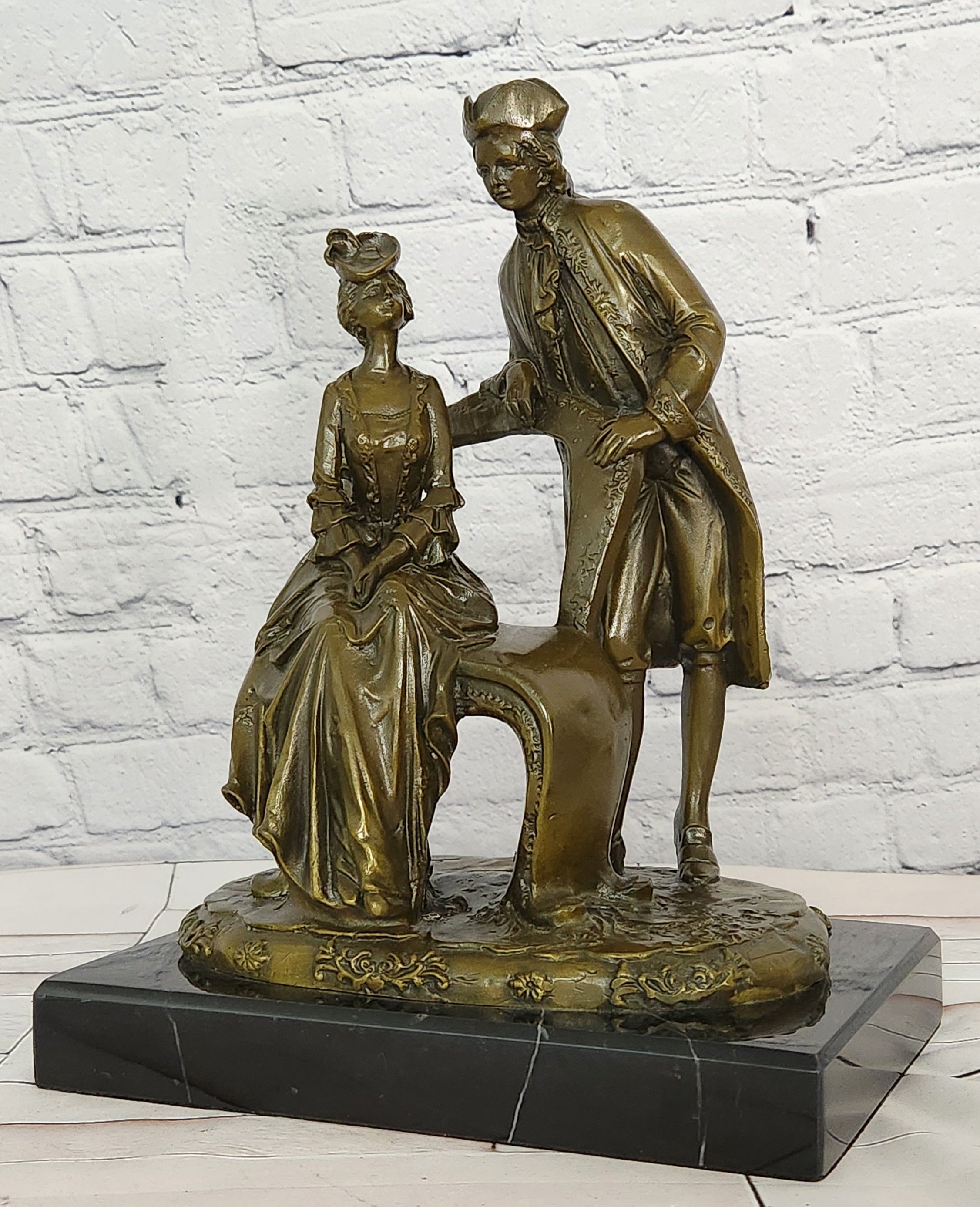 Bronze Colonial Lovers Figurine Signed Annie Romantic Fine Art Sculpture