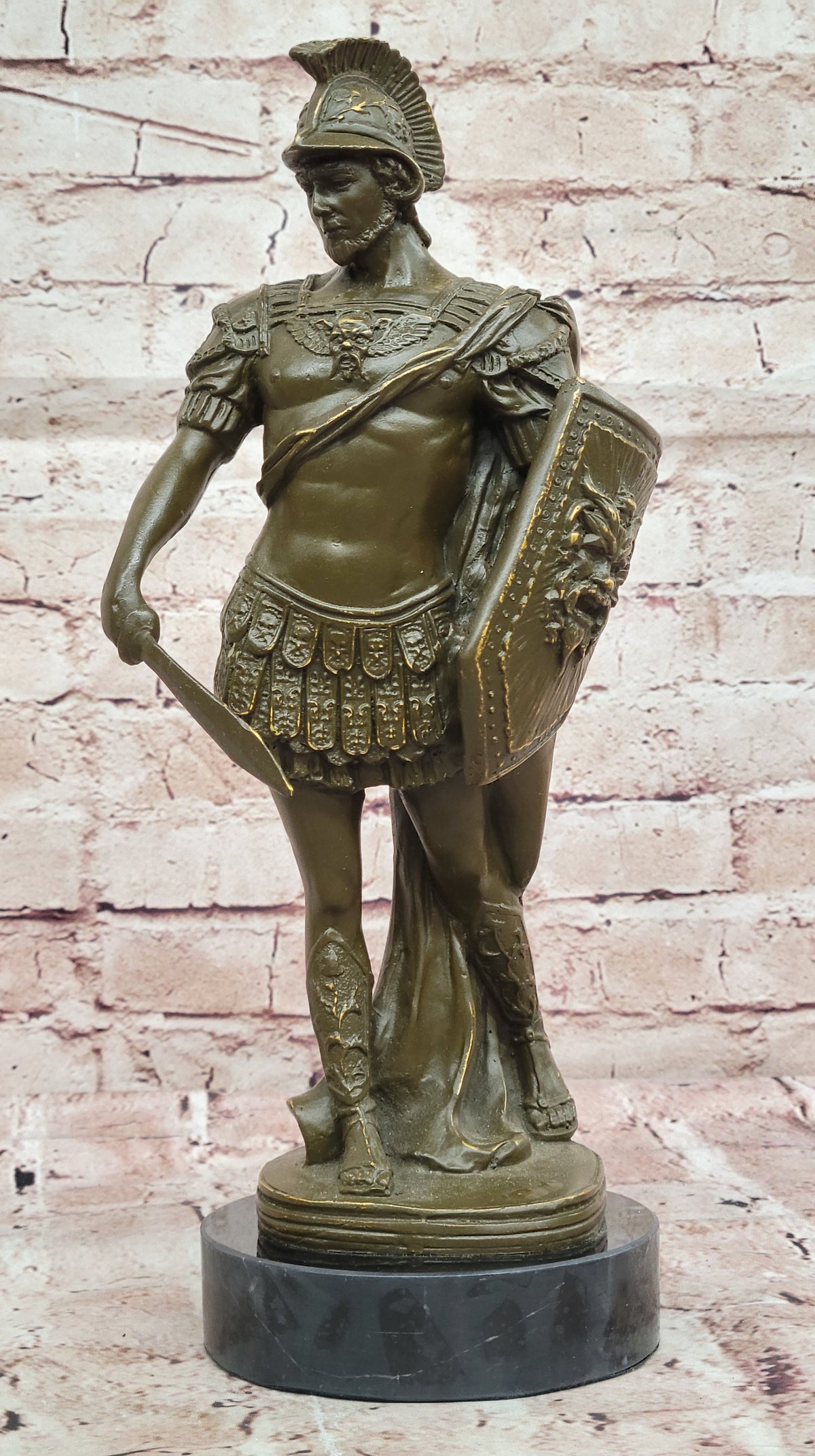 Bronze Roman Warrior Sculpture with Sword Historical Soldier Figurine Home Decor