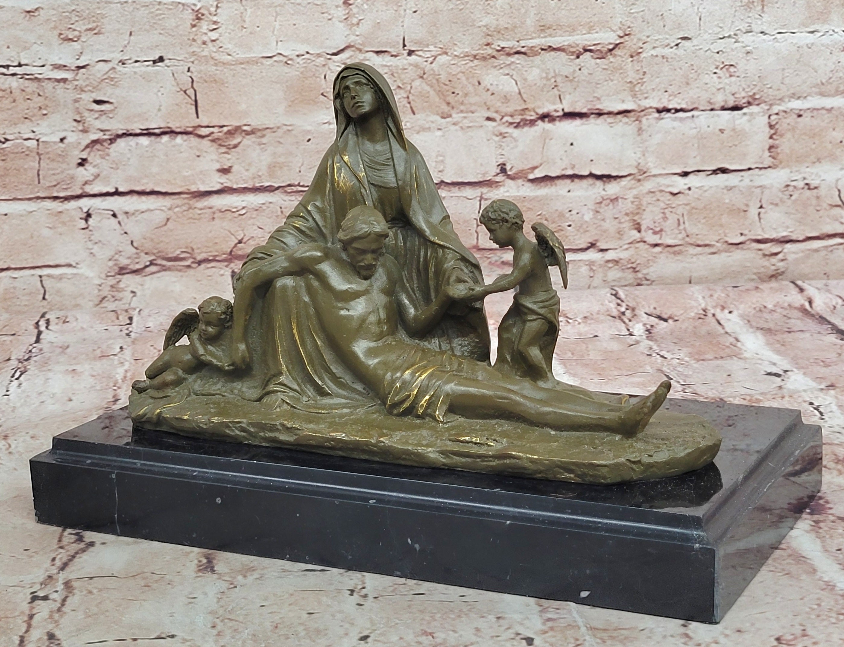 Signed Valli Bronze Statue Our Lady of Sorrows with Angel Religious Catholic Decor