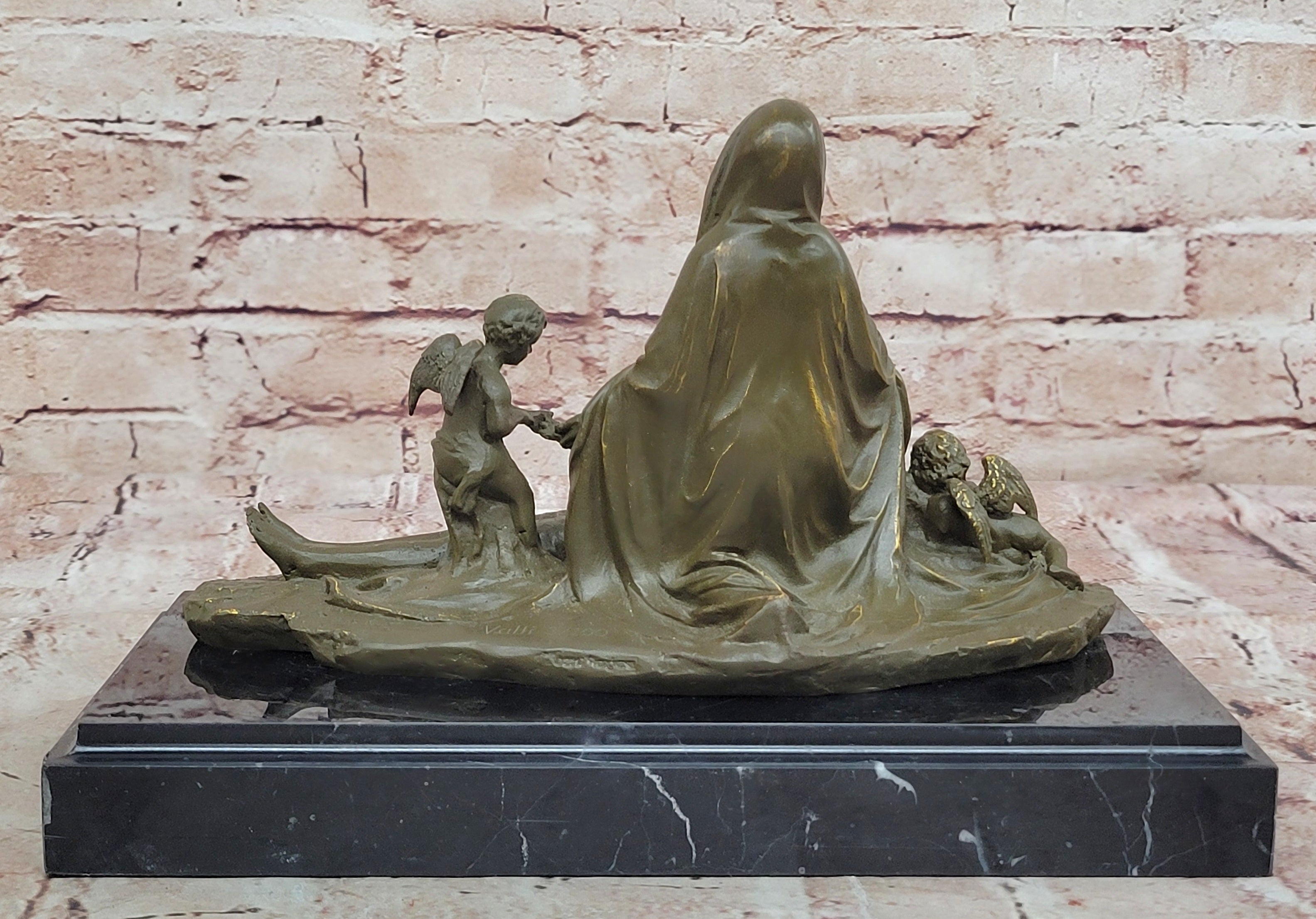 Signed Valli Bronze Statue Our Lady of Sorrows with Angel Religious Catholic Decor