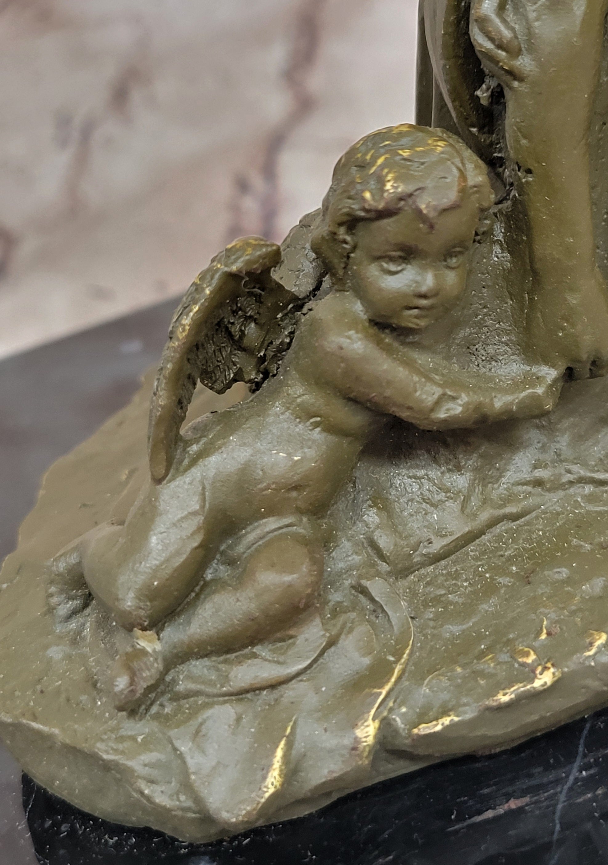 Signed Valli Bronze Statue Our Lady of Sorrows with Angel Religious Catholic Decor