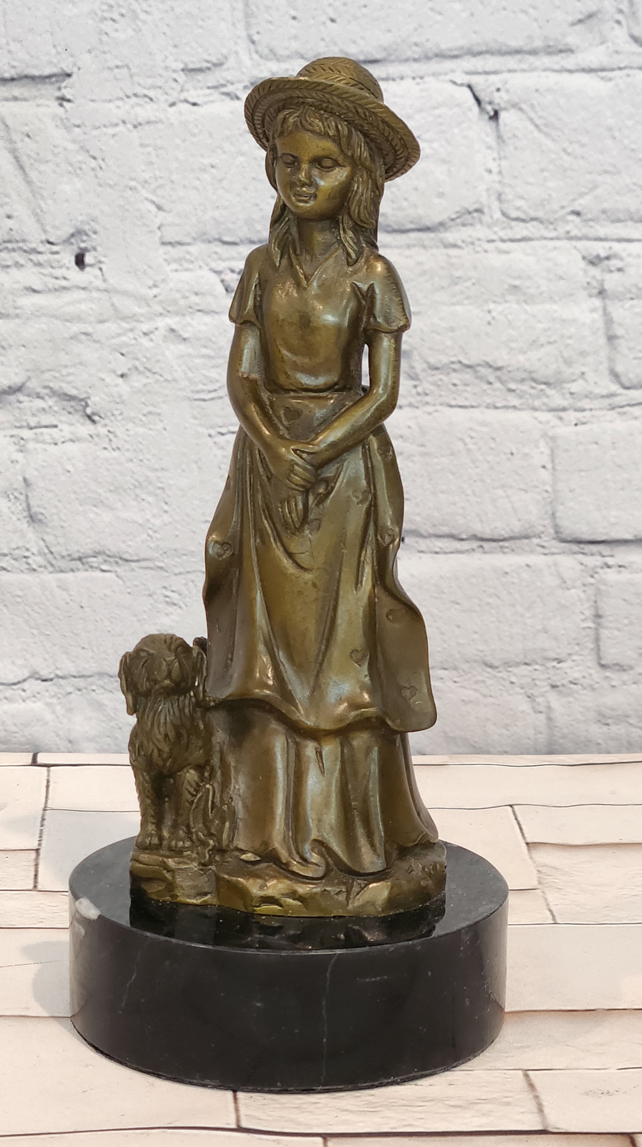 Bronze Victorian Woman with Loyal Dog Statue Signed M Lopez Decorative Art Piece