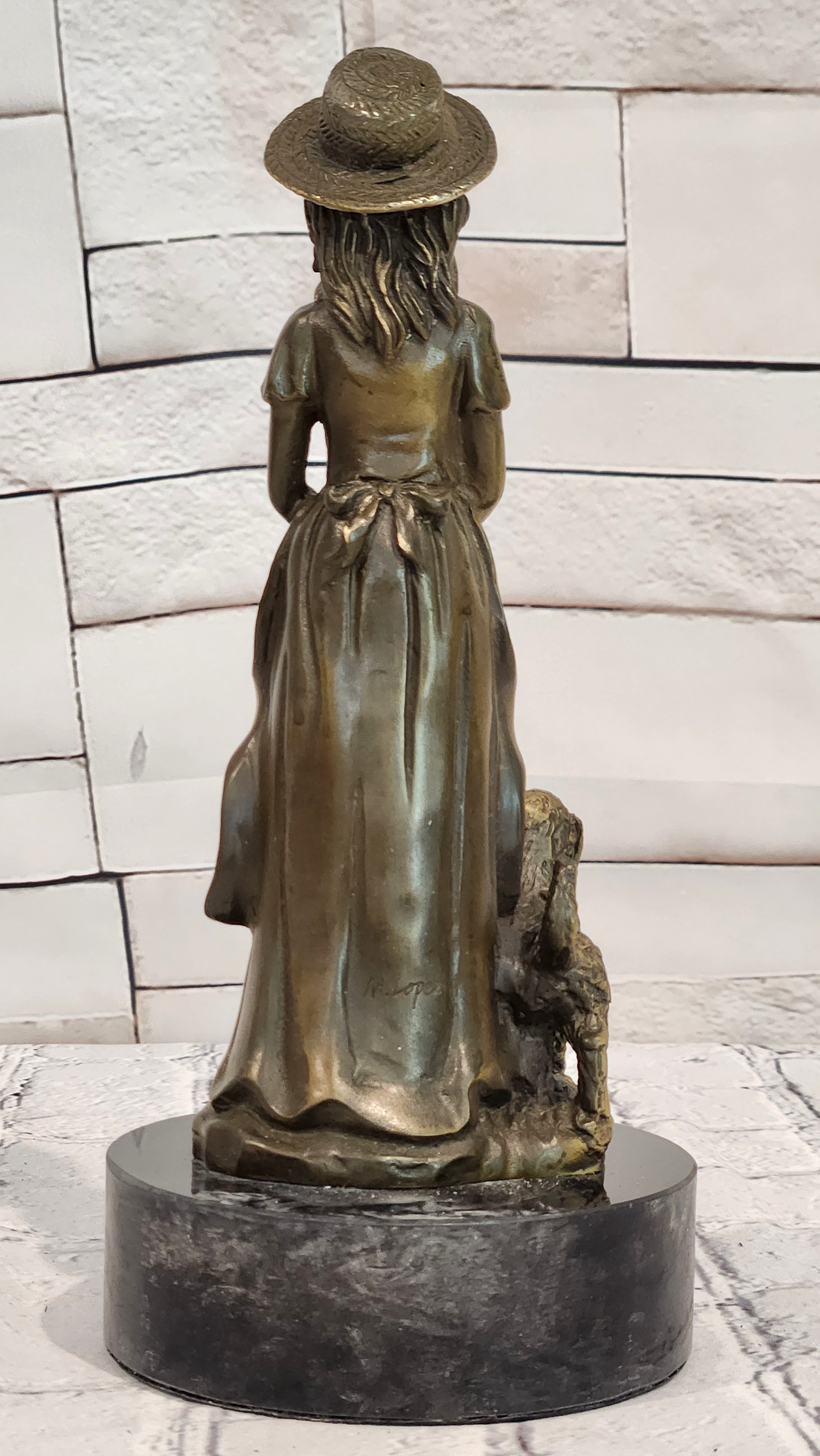 Bronze Victorian Woman with Loyal Dog Statue Signed M Lopez Decorative Art Piece