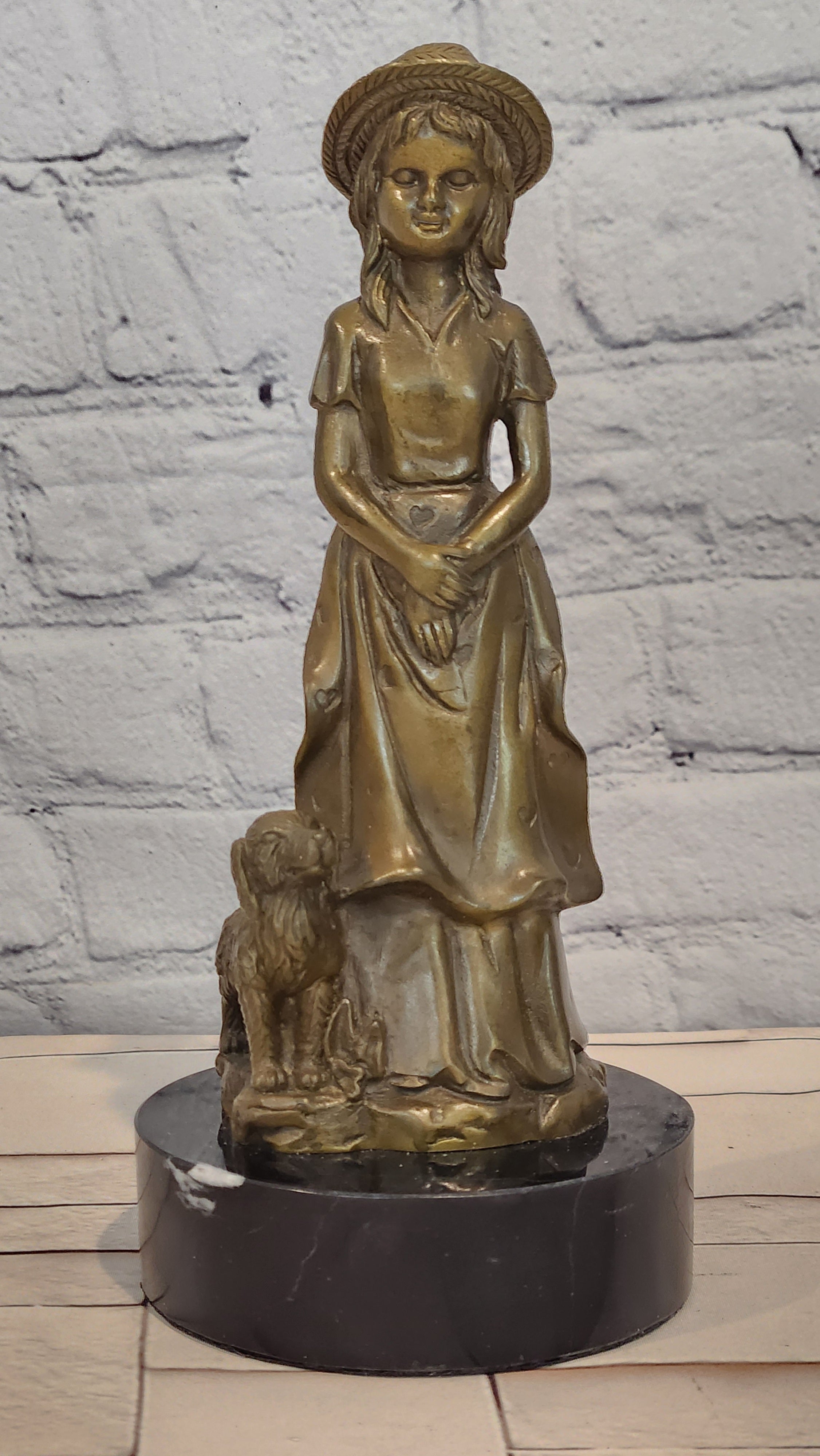 Bronze Victorian Woman with Loyal Dog Statue Signed M Lopez Decorative Art Piece
