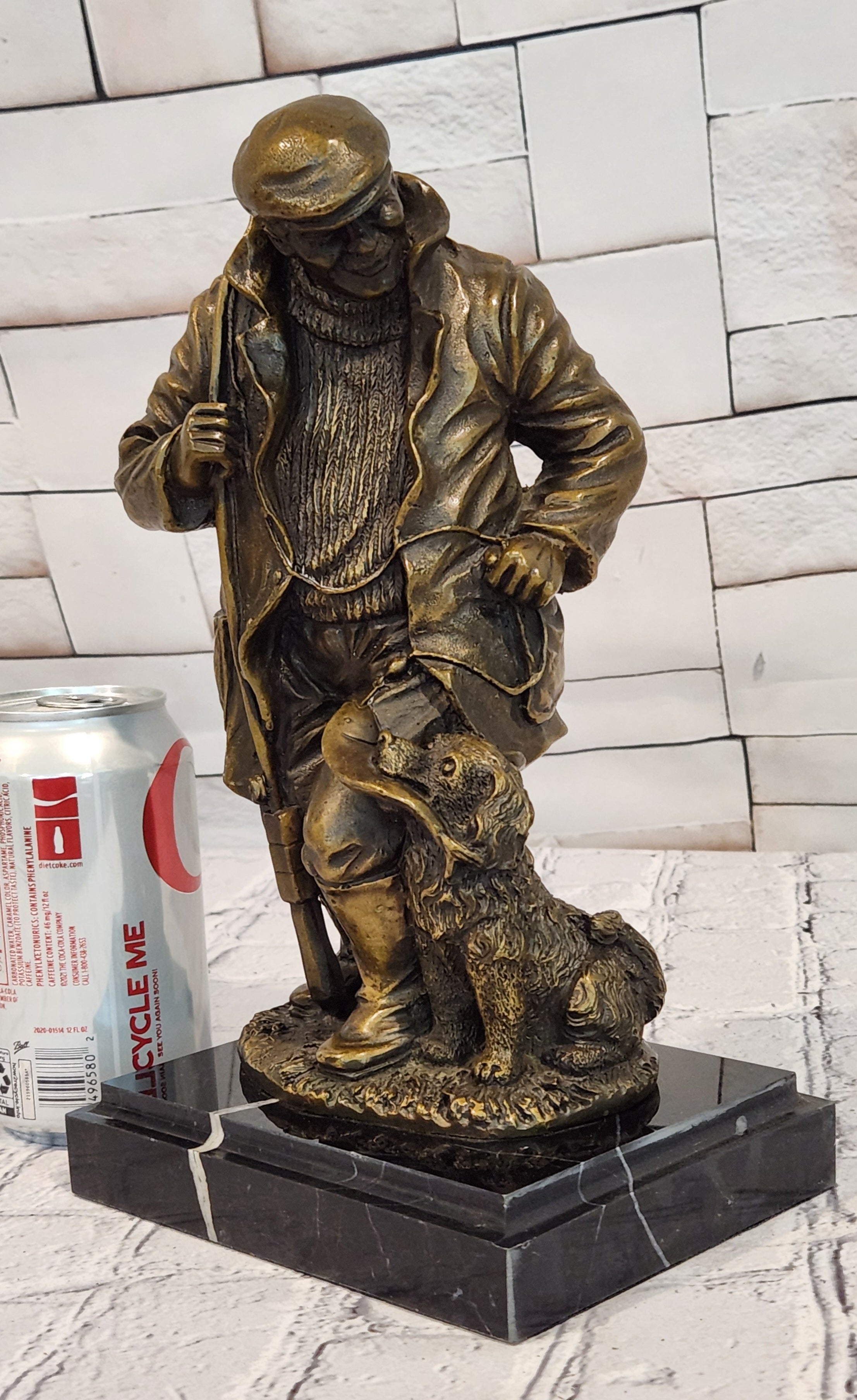 Hand Cast Bronze Fisherman with Dog Statue Signed Miguel Lopez Fine Art Decorative Piece