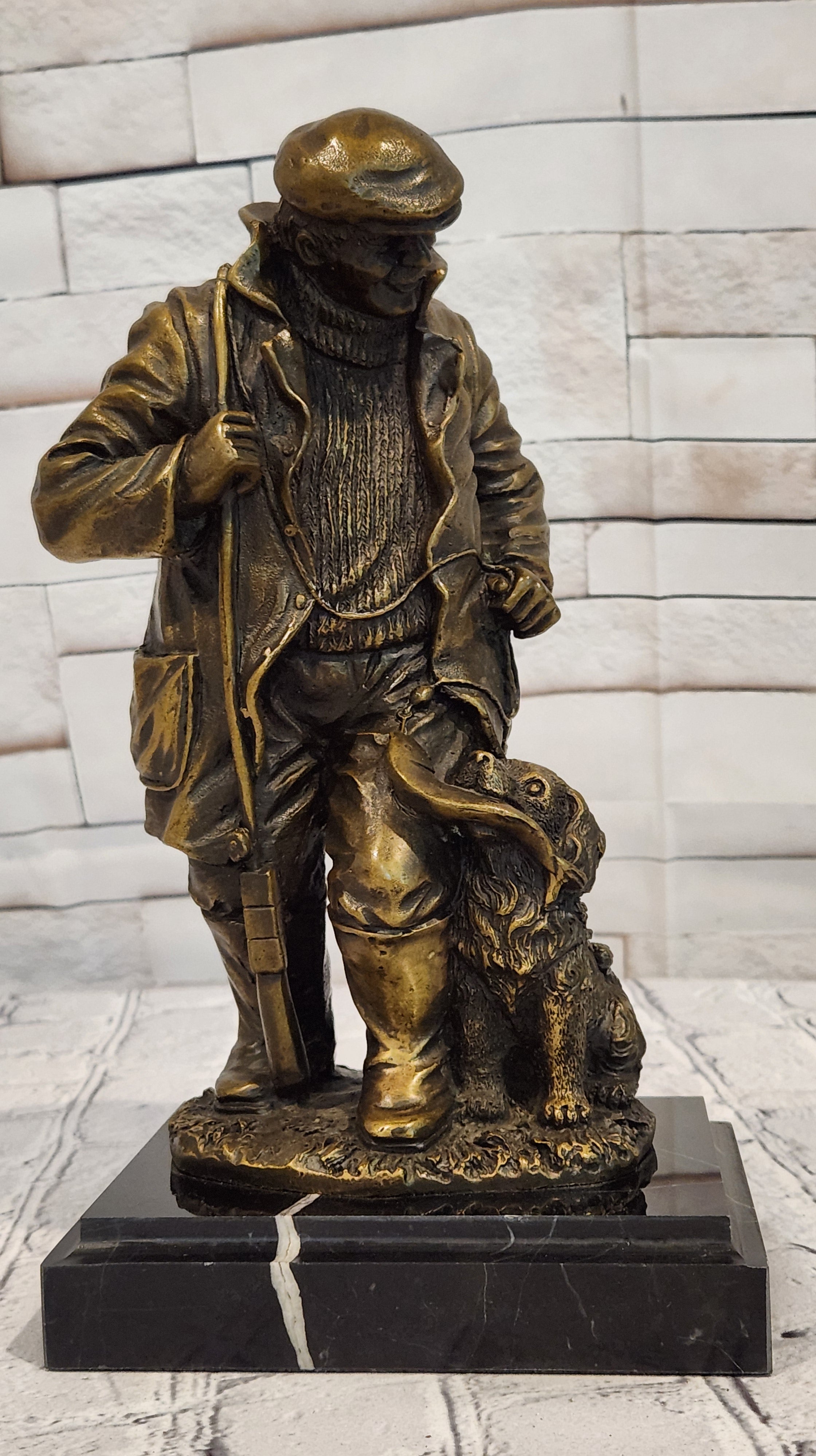 Hand Cast Bronze Fisherman with Dog Statue Signed Miguel Lopez Fine Art Decorative Piece