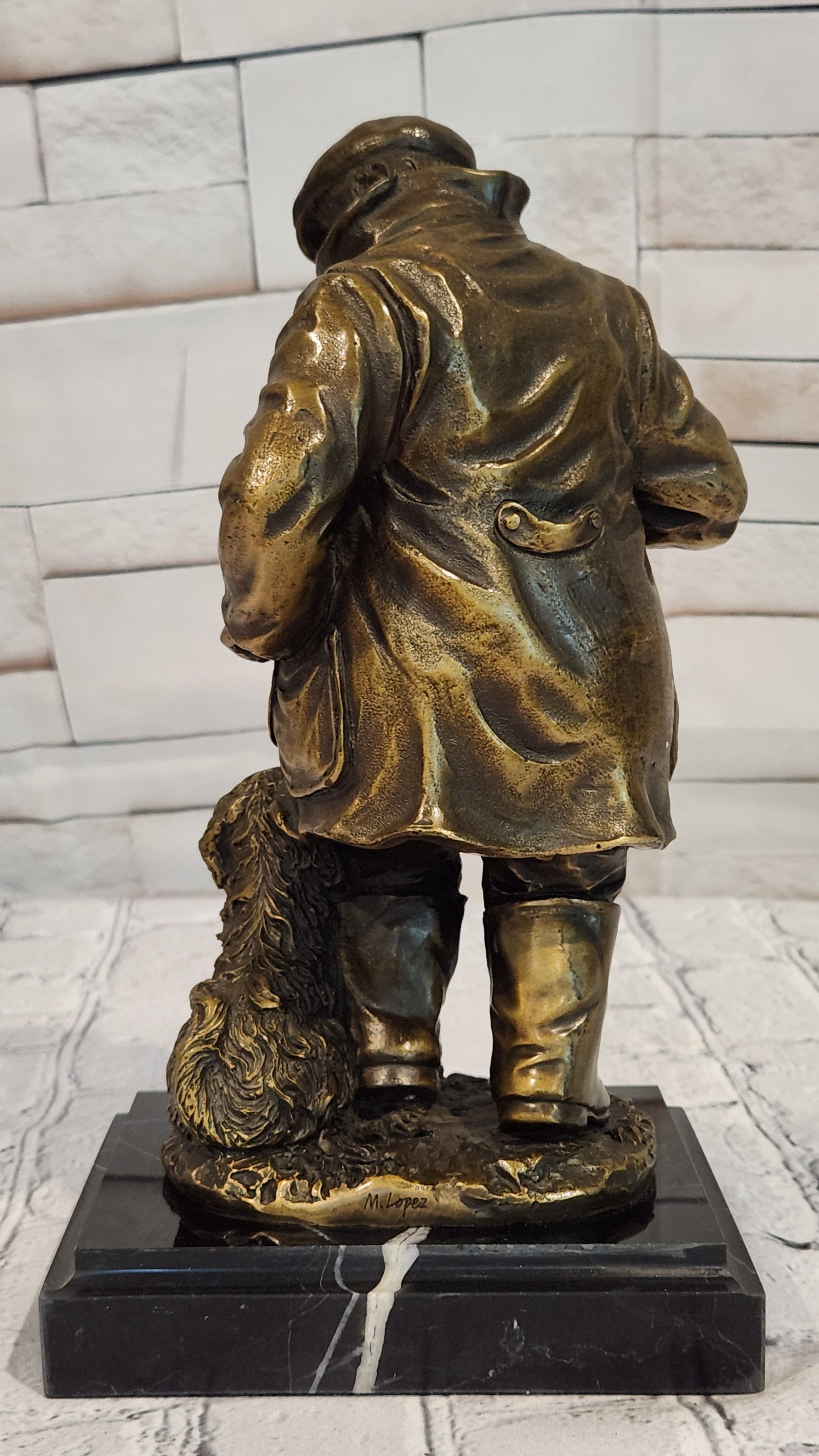 Hand Cast Bronze Fisherman with Dog Statue Signed Miguel Lopez Fine Art Decorative Piece